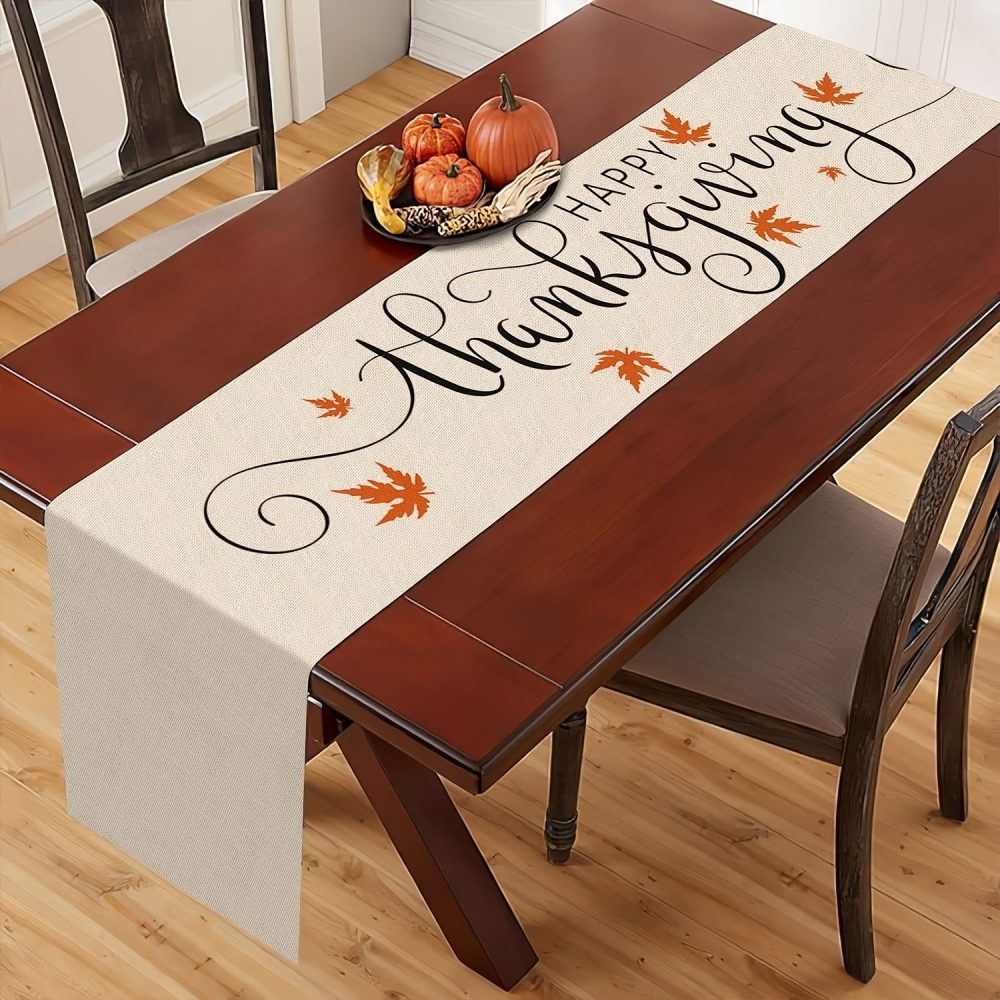1pc Thanksgiving Linen-Textured Polyester Table Runner with Autumn Maple Leaf Design - Rustic Farmhouse Seasonal Decor for Thanksgiving, Halloween, Mother’s Day, Father’s Day, Independence Day - Durable & Easy-Care Holiday Tablecloth, Thanksgiving Decorations - Image 3