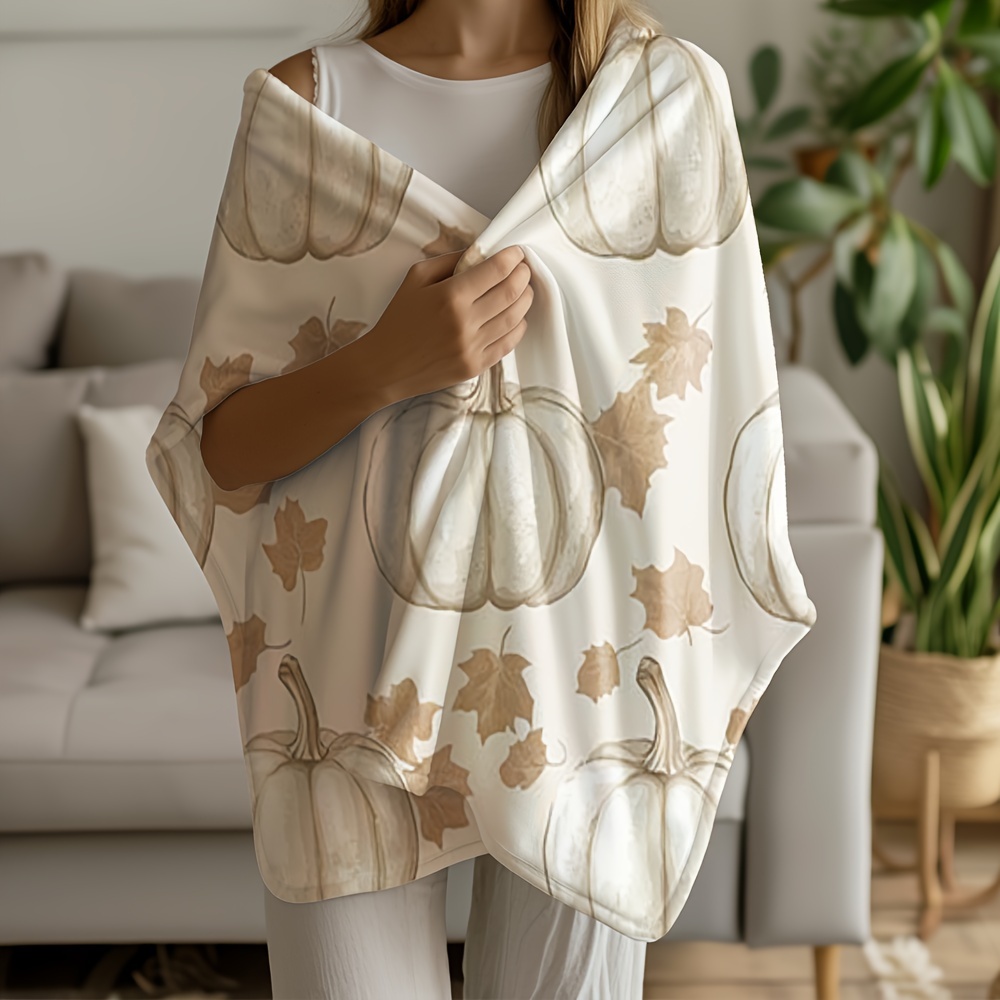 1pc All-Season Soft Flannel Blanket - Beige, White, Brown & Golden Autumn Pumpkin & Leaf Print, Cozy Bedspread or Sofa Throw, Machine Washable Bedding for Fall Home Decor, Thanksgiving & Halloween Decorations, Contemporary Vintage Style Bed Cover, Warm Beige & Brown Tones, Plush Texture, Geometric Pattern, All-Season Use, Cozy Home Accessory, Perfect for Couch or Bed, Quilted Blanket, Blanket Gift, Blanket Flannel, Cartoon Blanket - Image 5