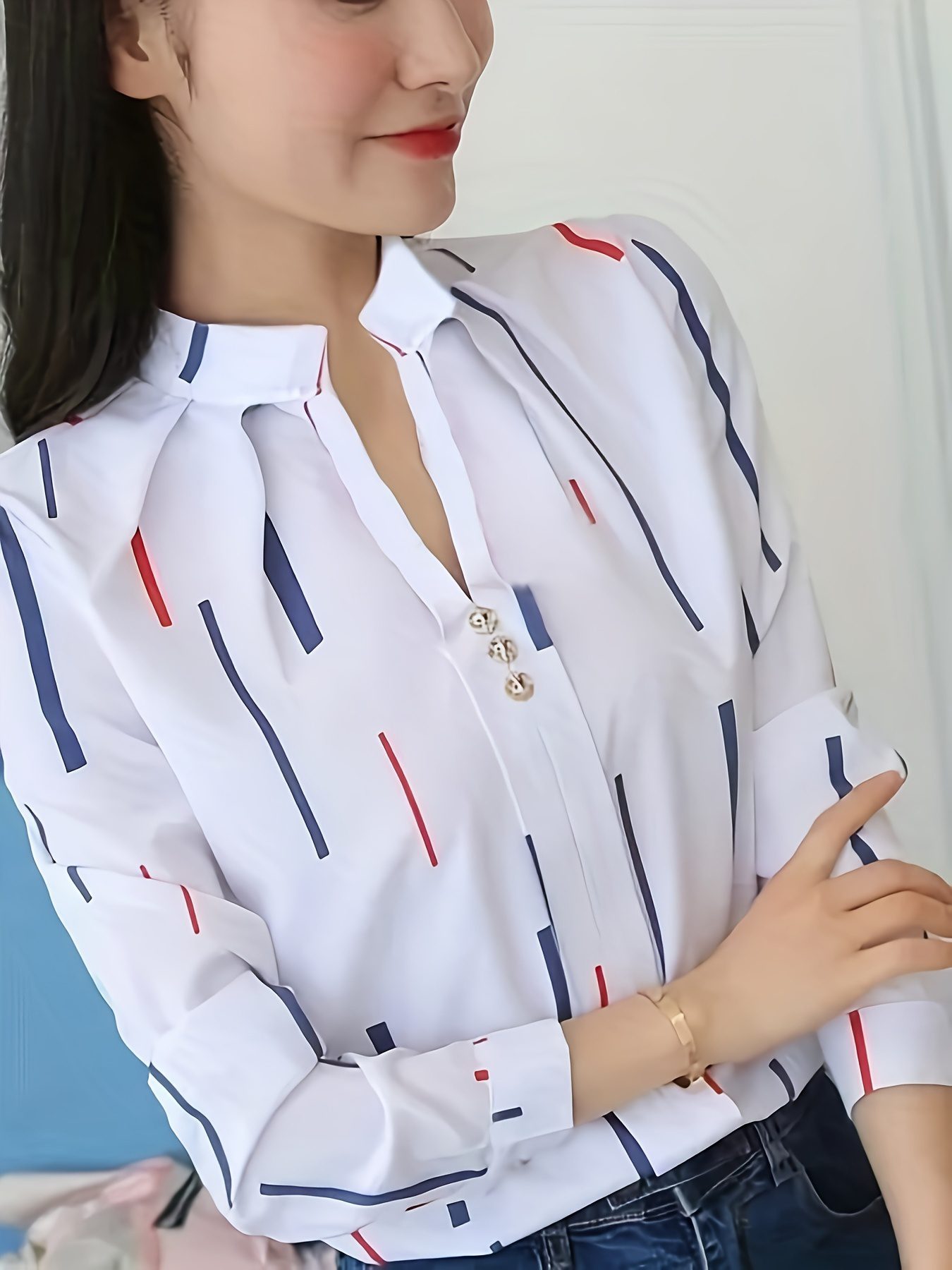 Allover Print Notch Neck Blouse, Elegant Long Sleeve Top for Spring & Fall, Women's Clothing - Image 2