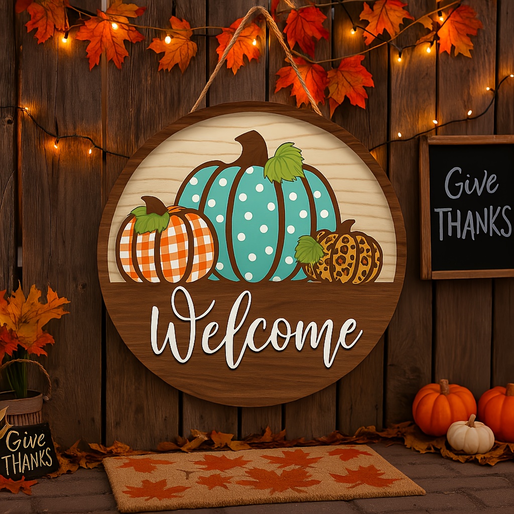 Fall Welcome Sign - Pumpkin & Maple Leaf Door Hanging Decor with Welcome Message - Farmhouse Thanksgiving Decoration - Artificial Wood Indoor/Outdoor Decoration - No Electricity Needed - Housewarming Gift for Front Door, Porch, Home - Autumn Harvest Decorations, Seasonal Home Accents, Rustic Charm, Handcrafted Look, Holiday Ornament, Holiday Shoppers, Fall Florals