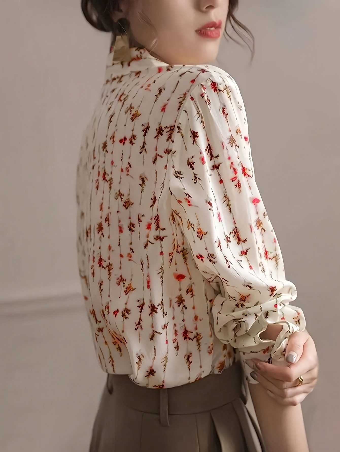 Women'S Floral Print Button-Up Blouse with Ruffled Sleeves - Lightweight Polyester Shirt for Spring/Summer/Fall, Beige with Red & White Floral Design, Perfect for Casual or Office Wear, Ladies Blouses - Image 3