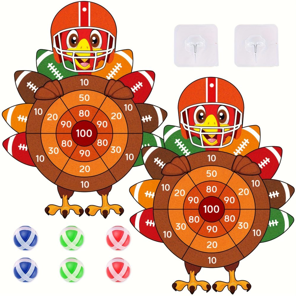 2pcs Thanksgiving Turkey Dart Board Game Set with 6 Sticky Balls & 2 Hooks - Party Game with Numbered Scoring Zones, Indoor/Outdoor Family Party Game for Adults &, Fall Turkey Bowl Party Decorations, Durable Fabric Board with Hanging Hooks for Easy - Image 2