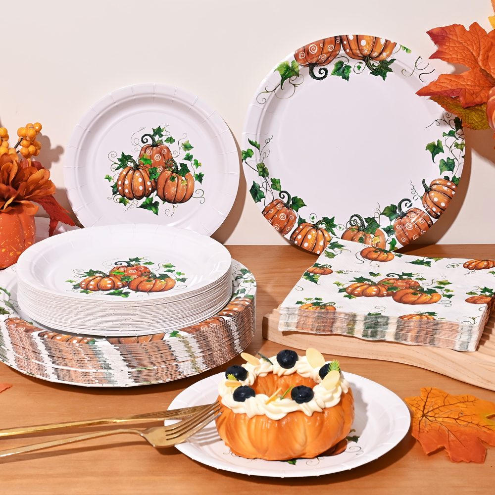 Fall Pumpkin Thanksgiving Autumn Harvest Party Disposable Tableware(60/180/300pcs), Christmas, For Wedding Birthday Celebration, Holiday Party Cartoon Vintage Decoration Set (7in Dessert Plates+9in Dinner Plates+napkins). - Image 9