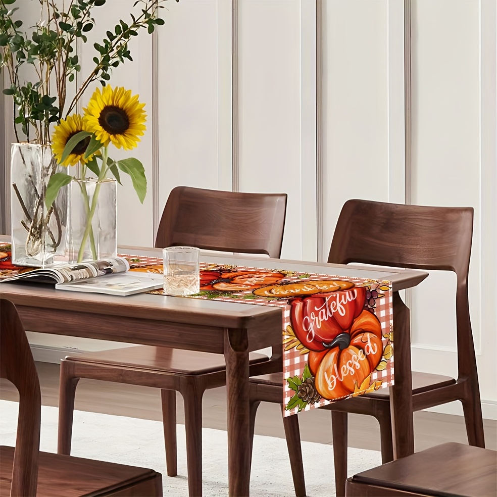 Extra Long Thanksgiving Table Runner - Farmhouse Fall Decor with "Thankful" & "Blessed" in Elegant Cursive Lettering, Orange & Brown Pumpkin Checkered Pattern - Image 5