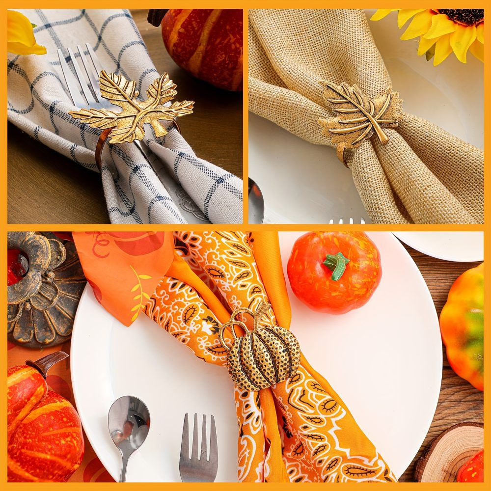 [Thanksgiving Napkin Rings] 12pcs Thanksgiving Napkin Rings Set | Pumpkin Themed, Fall Leaf Design, Alloy Holders for Halloween, Home Party, Table Decor, Wedding Supplies (Classic, Golden) - Image 4