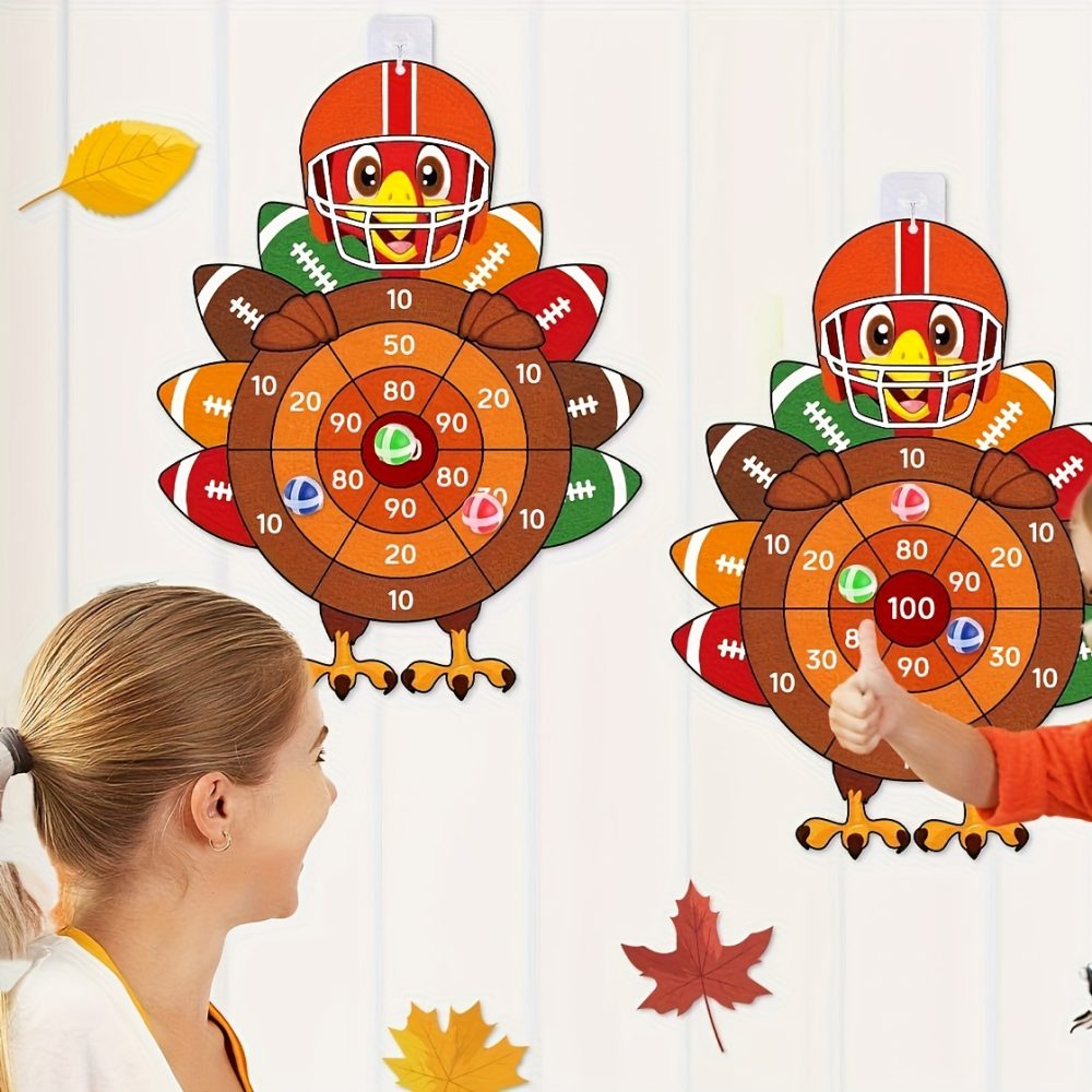 2pcs Thanksgiving Turkey Dart Board Game Set with 6 Sticky Balls & 2 Hooks - Party Game with Numbered Scoring Zones, Indoor/Outdoor Family Party Game for Adults &, Fall Turkey Bowl Party Decorations, Durable Fabric Board with Hanging Hooks for Easy - Image 4