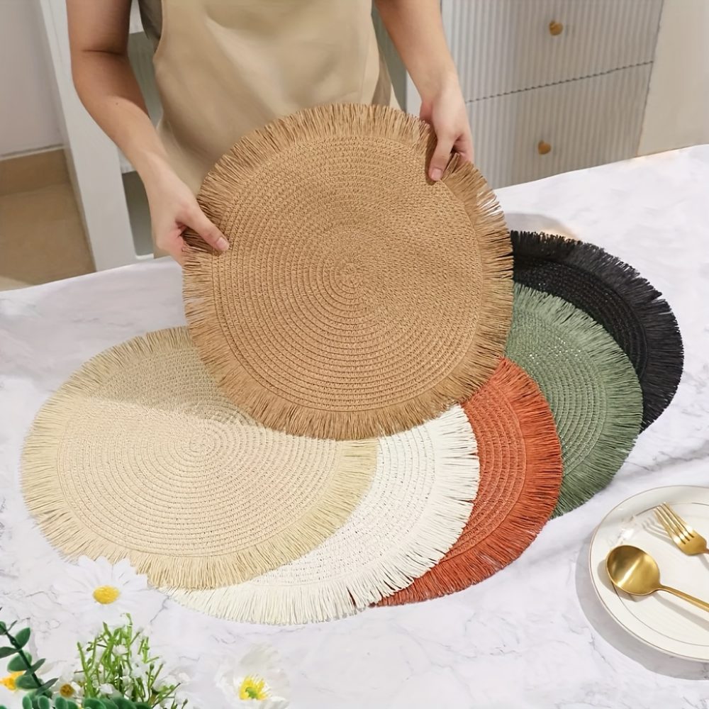 [4-Pack Braided Placemats] 4-Pack Natural Braided Placemats | 15" Round Heat-Resistant Table Mats for Indoor/Outdoor Dining | Farmhouse Rustic Decor with Easy Clean Surface,, Ideal Gifts for Loved Ones, Friends & Lovers