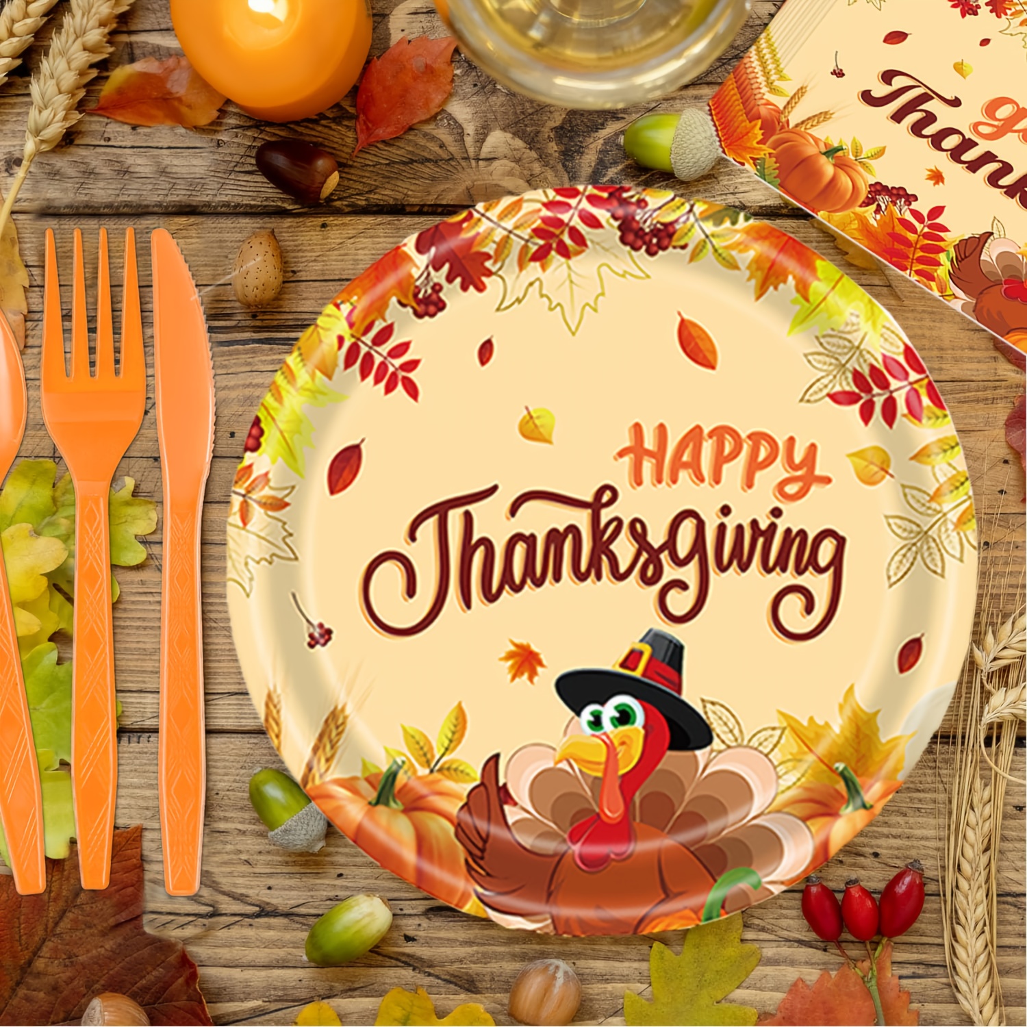 192pcs Thanksgiving Party Plates And Napkins Autumn Harvest Tableware Set Thanksgiving Disposable Plates Pumpkin Maple Leaves Paper Plates Napkins Forks Set for 24 Guests
