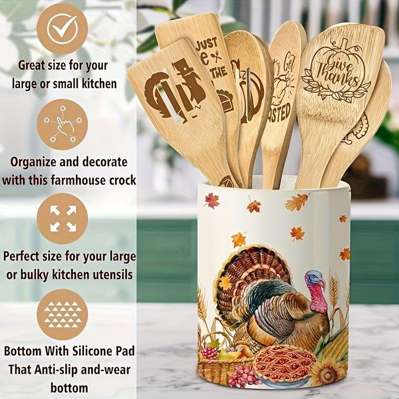 6pcs Thanksgiving Bamboo Cooking Utensil Set with Ceramic Holder - Engraved Spoons & Spatulas, Fall Kitchen Decor with Turkey Design, Holiday Gift Set for Thanksgiving - Image 3
