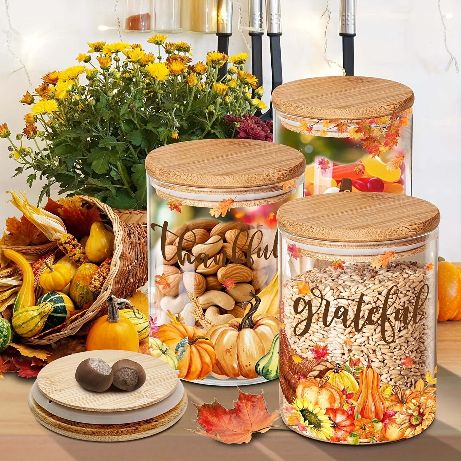 Set of 3 Thanksgiving Glass Storage Jars with Lids - Farmhouse Canisters with Turkey, Pumpkin & Autumn Leaf Patterns, Airtight Snap-Fit Lids, Clear Glass Containers for Fall Kitchen Decor, Pantry Organization, Seasonal Harvest Table Setting - Reusab - Image 4
