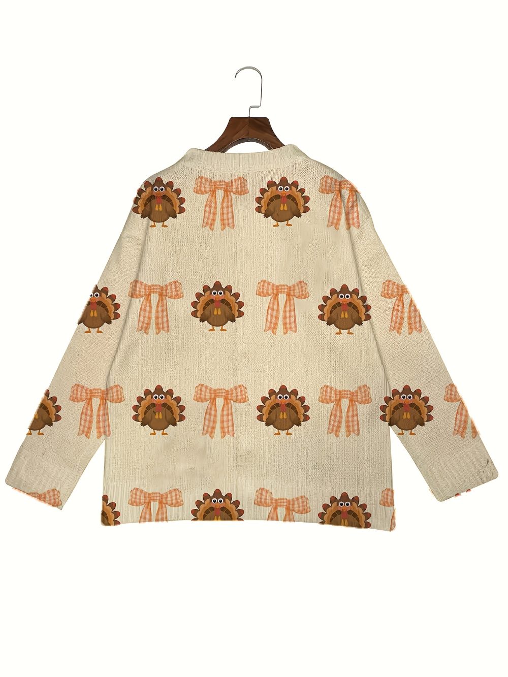 Women's Soft Cardigan Sweater - Long Sleeve Button Front Closure, Loose Fit H-Line Silhouette with 3D Turkey & Checkered Bow Print - Beige//Orange/Brown Fall Thanksgiving Outfits - Machine Washable Sweater for Women, Cute Sweater, Winter Cardigan for Women High Quality, Cardigan with Design, Sweatshirts for Women, Women Sweaters - Image 3