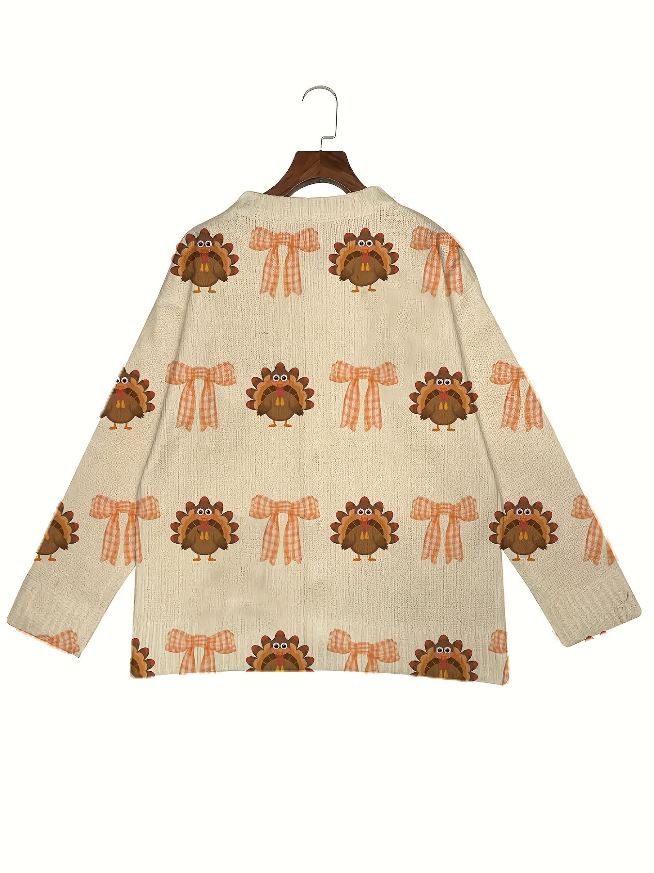 Women's Soft Cardigan Sweater - Long Sleeve Button Front Closure, Loose Fit H-Line Silhouette with 3D Turkey & Checkered Bow Print - Beige//Orange/Brown Fall Thanksgiving Outfits - Machine Washable Sweater for Women, Cute Sweater, Winter Cardigan for Women High Quality, Cardigan with Design, Sweatshirts for Women, Women Sweaters - Image 3