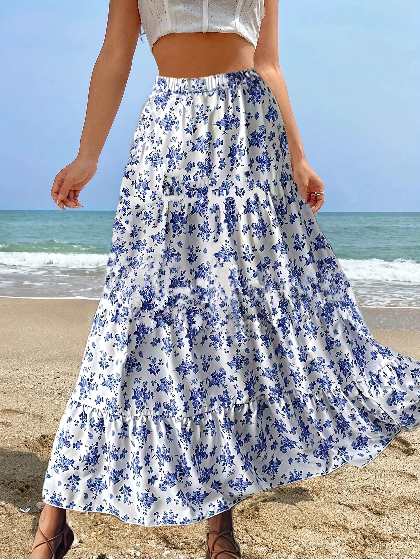Women'S Elegant Floral Print Maxi Skirt - Blue & White Beach Vacation Skirt with Elastic Waist, Flowy Long Length, Machine Washable for Spring/Summer Casual Outfits, Summer Beachwear | Nontransparent Fabric - Image 3