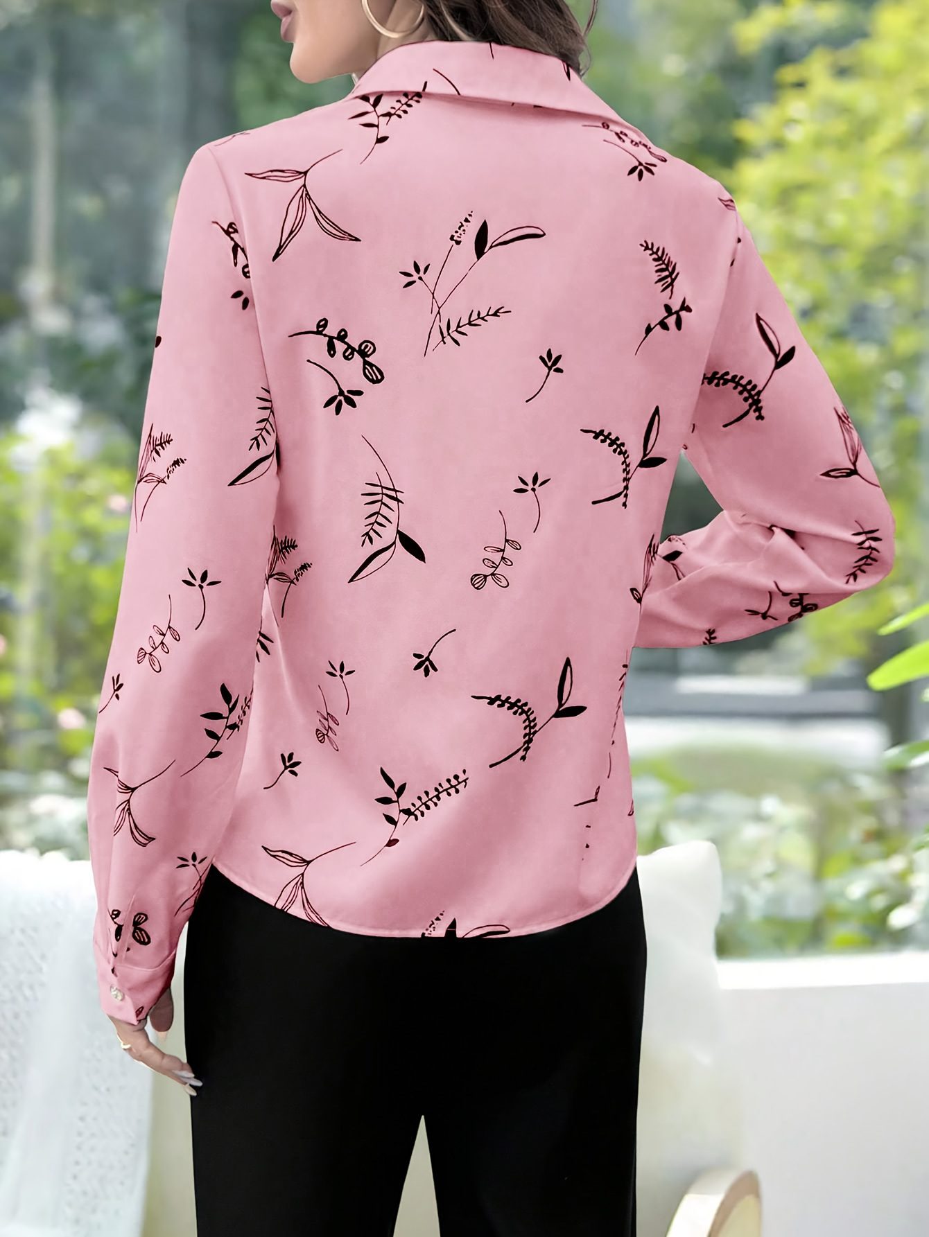 Women's Elegant Casual Floral Print Long-Sleeve Shirt with Collar - Mustard-Yellow & Brown Leaf Pattern, All-Season Versatile Blouse for Office, Semi-Formal & Casual Attire, Machine Washable Non-Stretch Fabric - Image 7