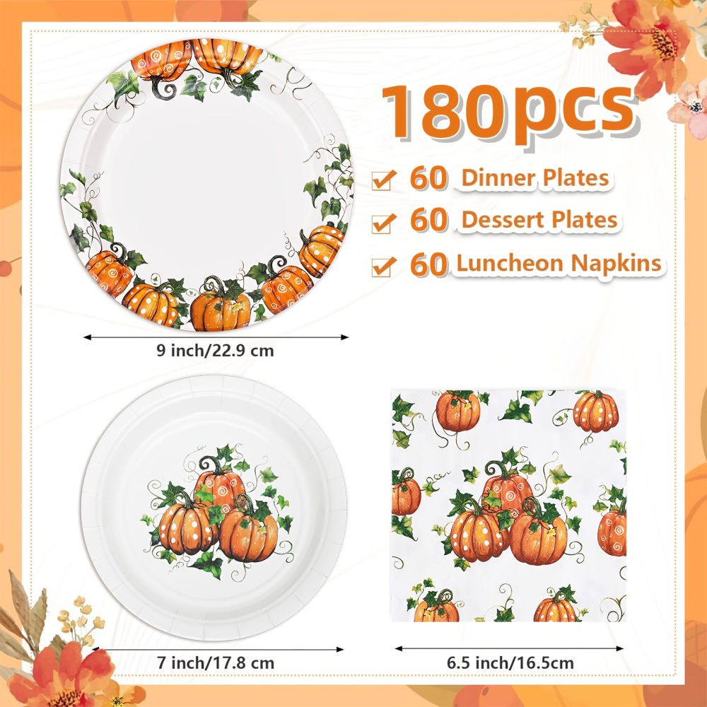 Fall Pumpkin Thanksgiving Autumn Harvest Party Disposable Tableware(60/180/300pcs), Christmas, For Wedding Birthday Celebration, Holiday Party Cartoon Vintage Decoration Set (7in Dessert Plates+9in Dinner Plates+napkins). - Image 7