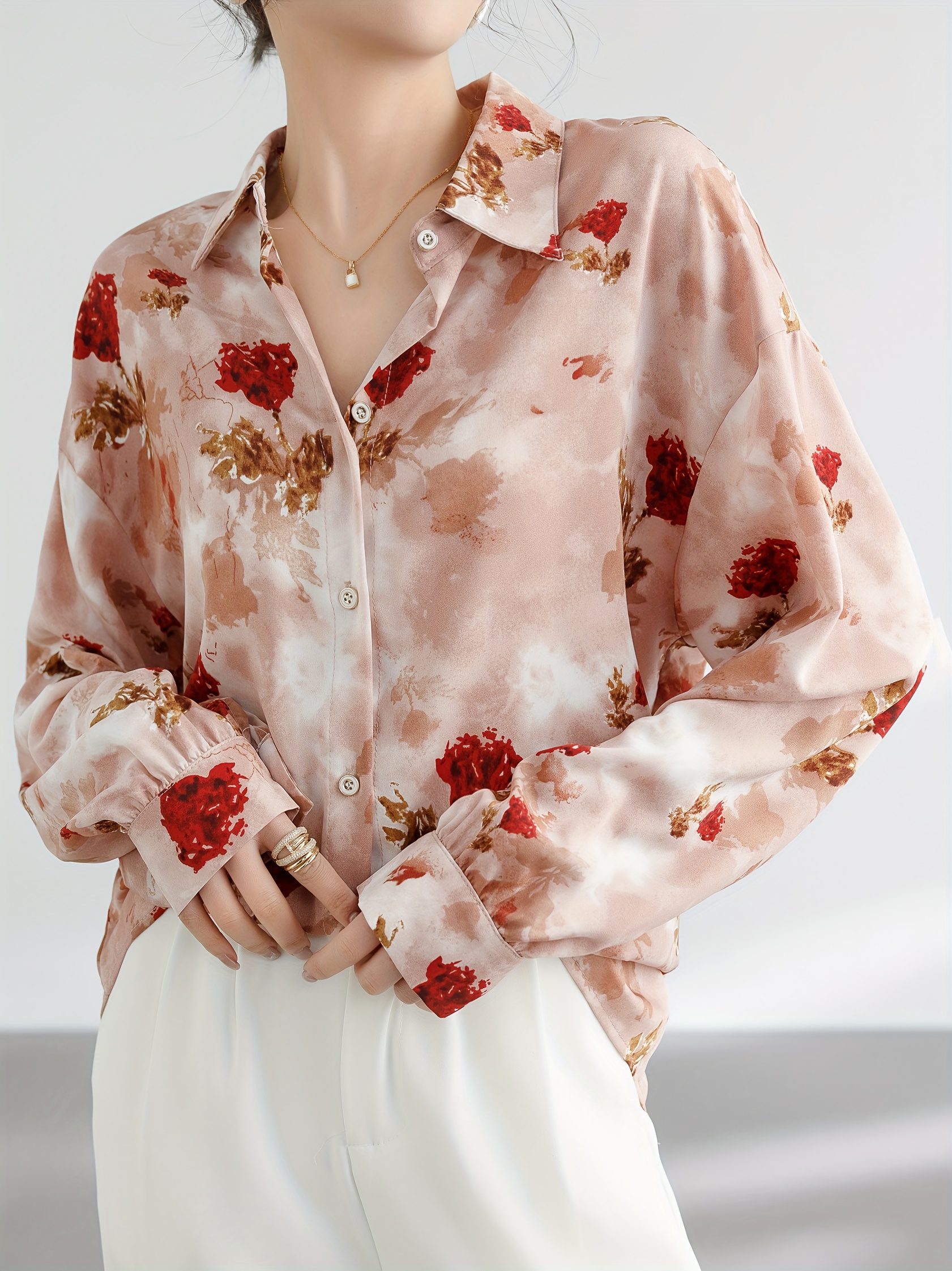 Pink Floral Loose Chiffon Shirt Women'S Temperament Retro Casual Commuter Thin Shirt Button Lapel Long Sleeve Top - Image 2