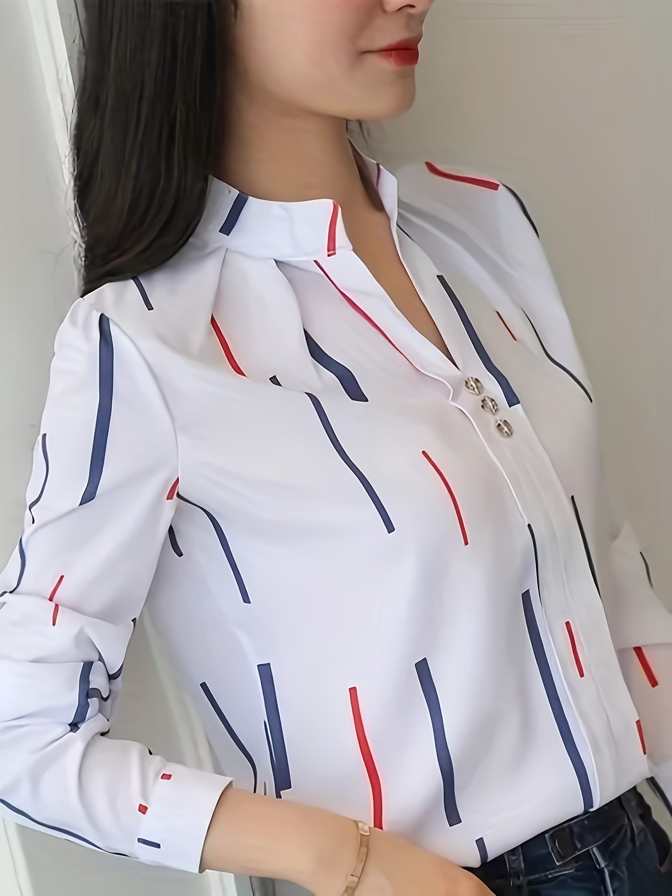 Allover Print Notch Neck Blouse, Elegant Long Sleeve Top for Spring & Fall, Women's Clothing