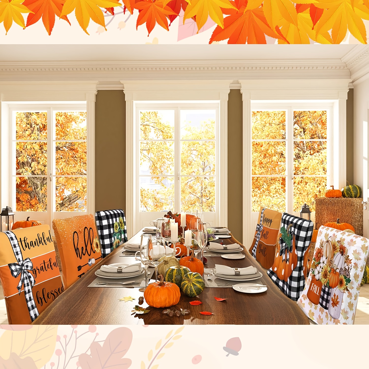 6pcs Set DOKRIY Fall Chair Covers - Elegant Farmhouse Dining Chair Slipcovers with Buffalo Plaid & Sunflower Patterns in Orange, Brown, White, Black - Heavy-Duty Linen Fabric for Thanksgiving, Weddings, Kitchen, Seasonal Decor - Easy-Clean Chair Protectors (20x24 Inch) - Autumn Table Setting Essentials in Warm Orange Tones with Checkered & Solid Designs, Machine Washable or Hand Wash - Image 5