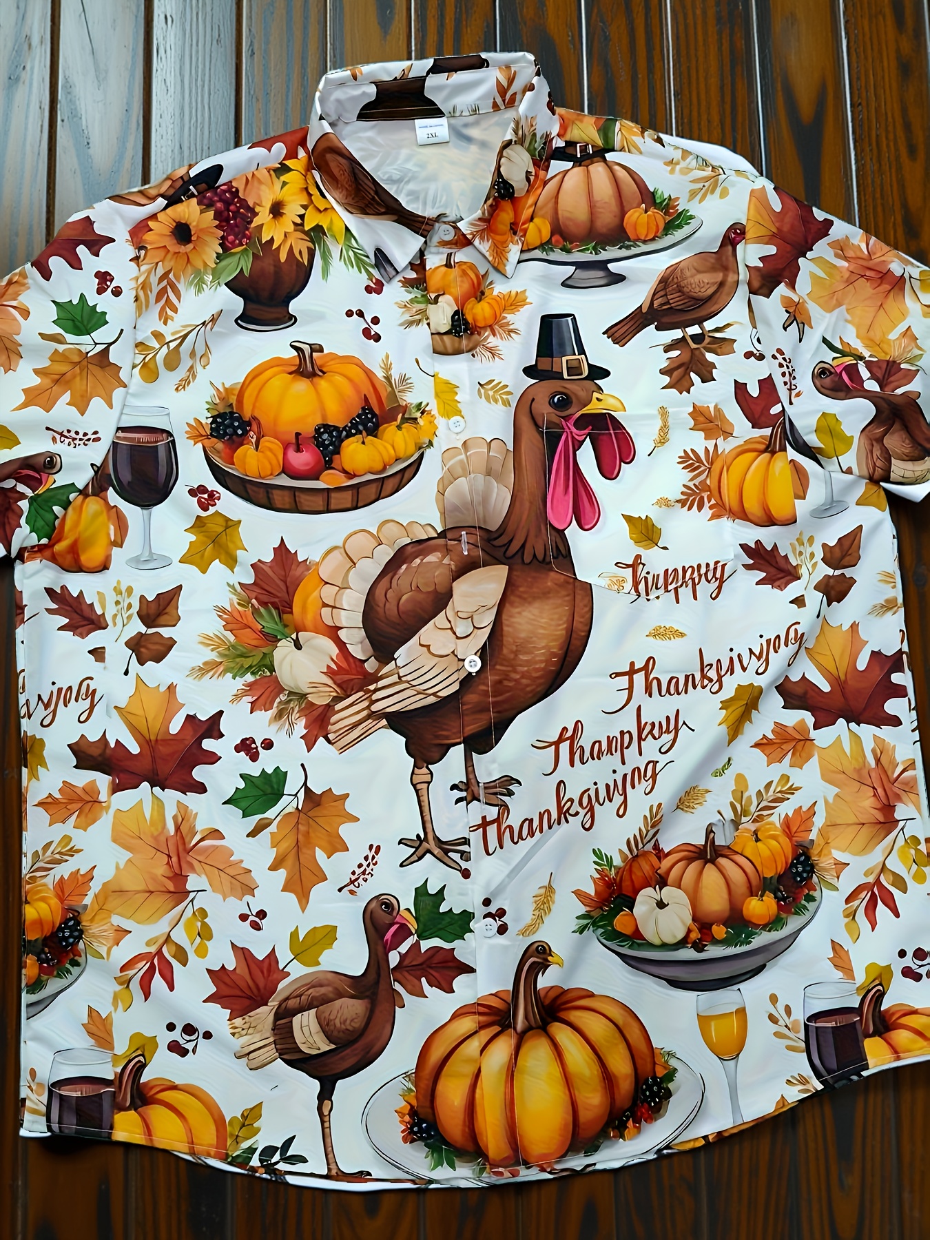 Men's Plus Size Turkey Pumpkin Maple Leaf Thanksgiving Print Short Sleeve Shirt, Vintage and Festive, Holiday Celebration Apparel, Casual Casual Attire, Suitable for Thanksgiving Theme Party Outfits, Machine Washable and Giftable, PLUS SIZE, Festive - Image 3