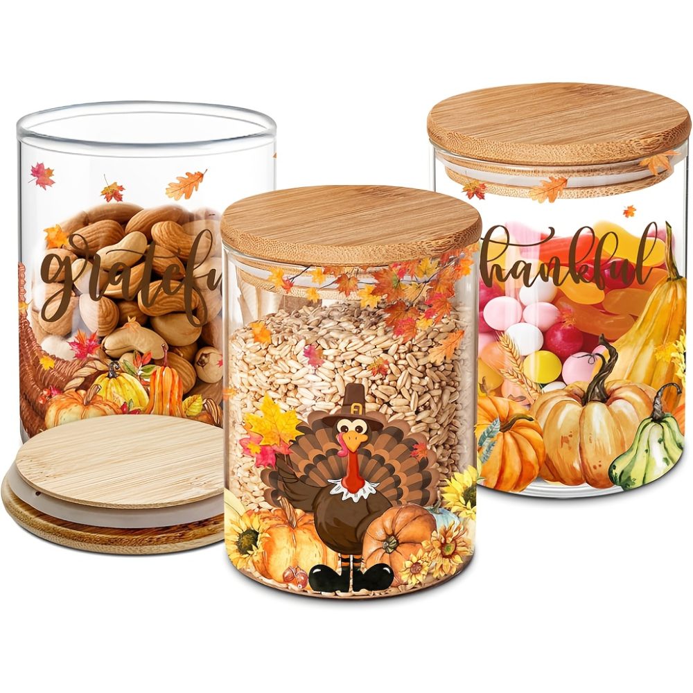 Set of 3 Thanksgiving Glass Storage Jars with Lids - Farmhouse Canisters with Turkey, Pumpkin & Autumn Leaf Patterns, Airtight Snap-Fit Lids, Clear Glass Containers for Fall Kitchen Decor, Pantry Organization, Seasonal Harvest Table Setting - Reusab
