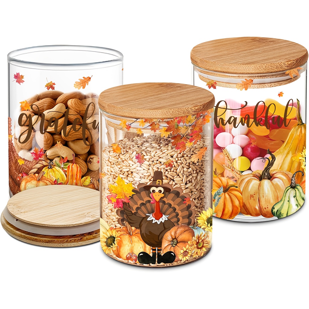 Set of 3 Thanksgiving Glass Storage Jars with Lids - Farmhouse Canisters with Turkey, Pumpkin & Autumn Leaf Patterns, Airtight Snap-Fit Lids, Clear Glass Containers for Fall Kitchen Decor, Pantry Organization, Seasonal Harvest Table Setting - Reusab