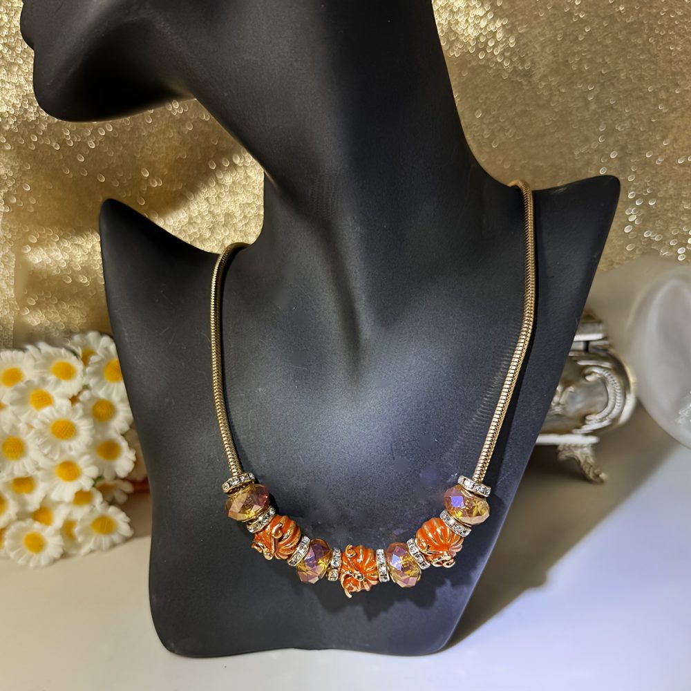 1pc Vintage-Inspired Enamel Pumpkin Beaded Necklace - 18K Golden Plated, Orange & White Glass Beads, Perfect for Thanksgiving & Holiday Parties, Ideal Gift for Women, Festive Accessory|Vintageinspired Design|Zinc Alloy Necklace - Image 5