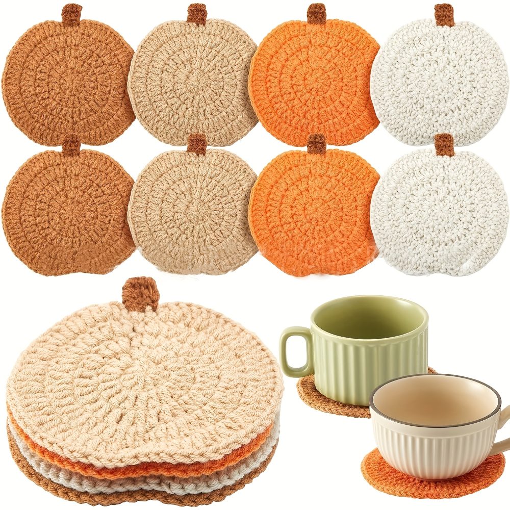 4pcs Hand-Woven Fabric Pumpkin Coasters Set - Absorbent Round Table Protectors with Fringed Edges & Hanging Loop, Beige/Brown/White/ for Halloween, Thanksgiving, Fall Table Decor - Rustic Woven Drink Coasters for Parties