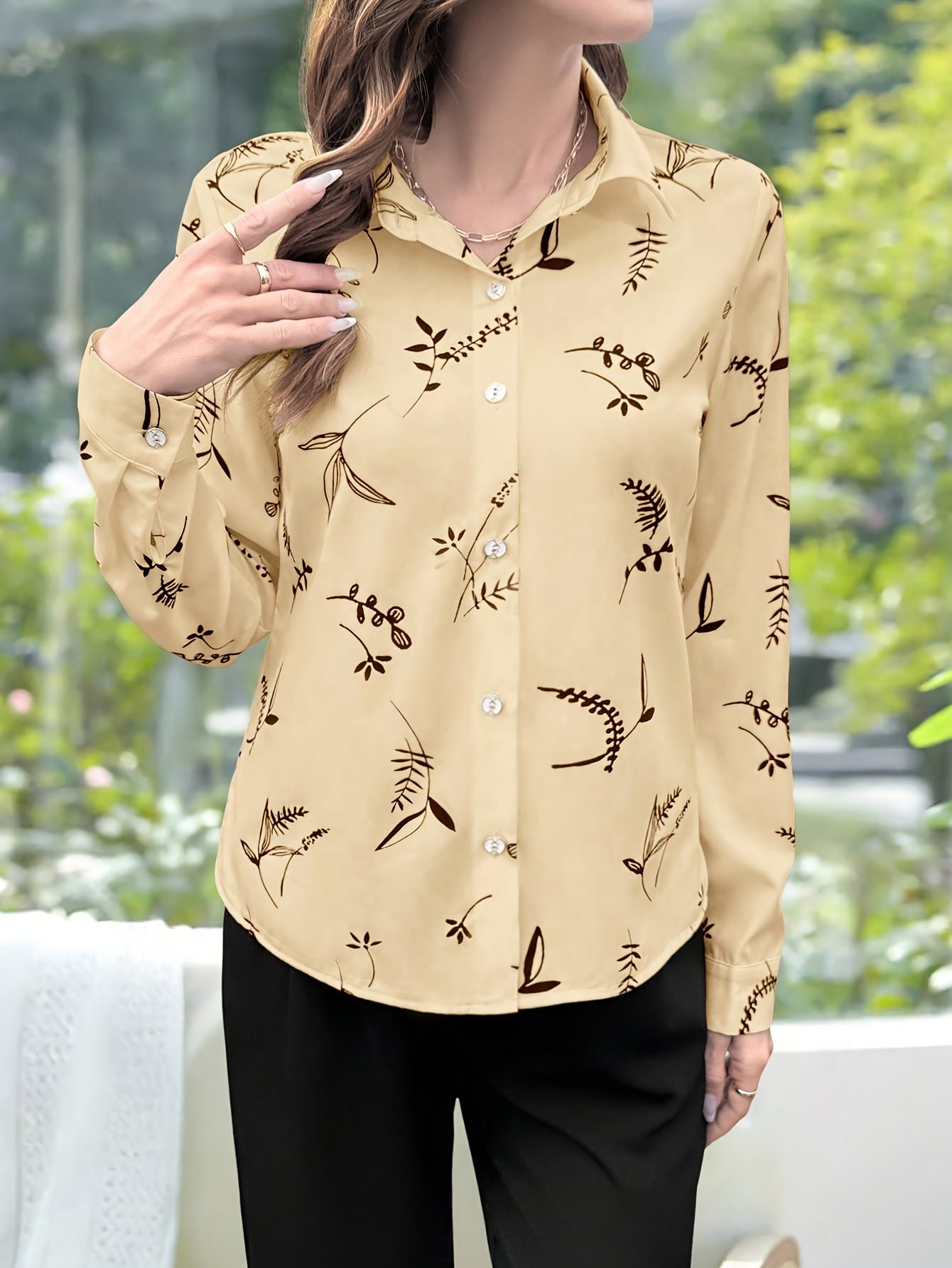 Women's Elegant Casual Floral Print Long-Sleeve Shirt with Collar - Mustard-Yellow & Brown Leaf Pattern, All-Season Versatile Blouse for Office, Semi-Formal & Casual Attire, Machine Washable Non-Stretch Fabric - Image 9
