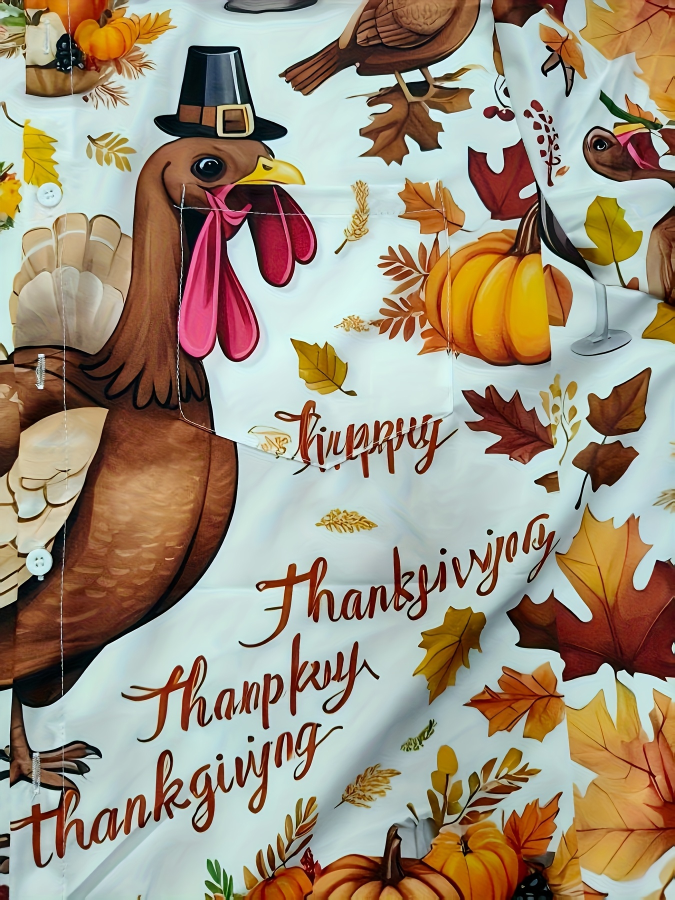 Men's Plus Size Turkey Pumpkin Maple Leaf Thanksgiving Print Short Sleeve Shirt, Vintage and Festive, Holiday Celebration Apparel, Casual Casual Attire, Suitable for Thanksgiving Theme Party Outfits, Machine Washable and Giftable, PLUS SIZE, Festive - Image 5