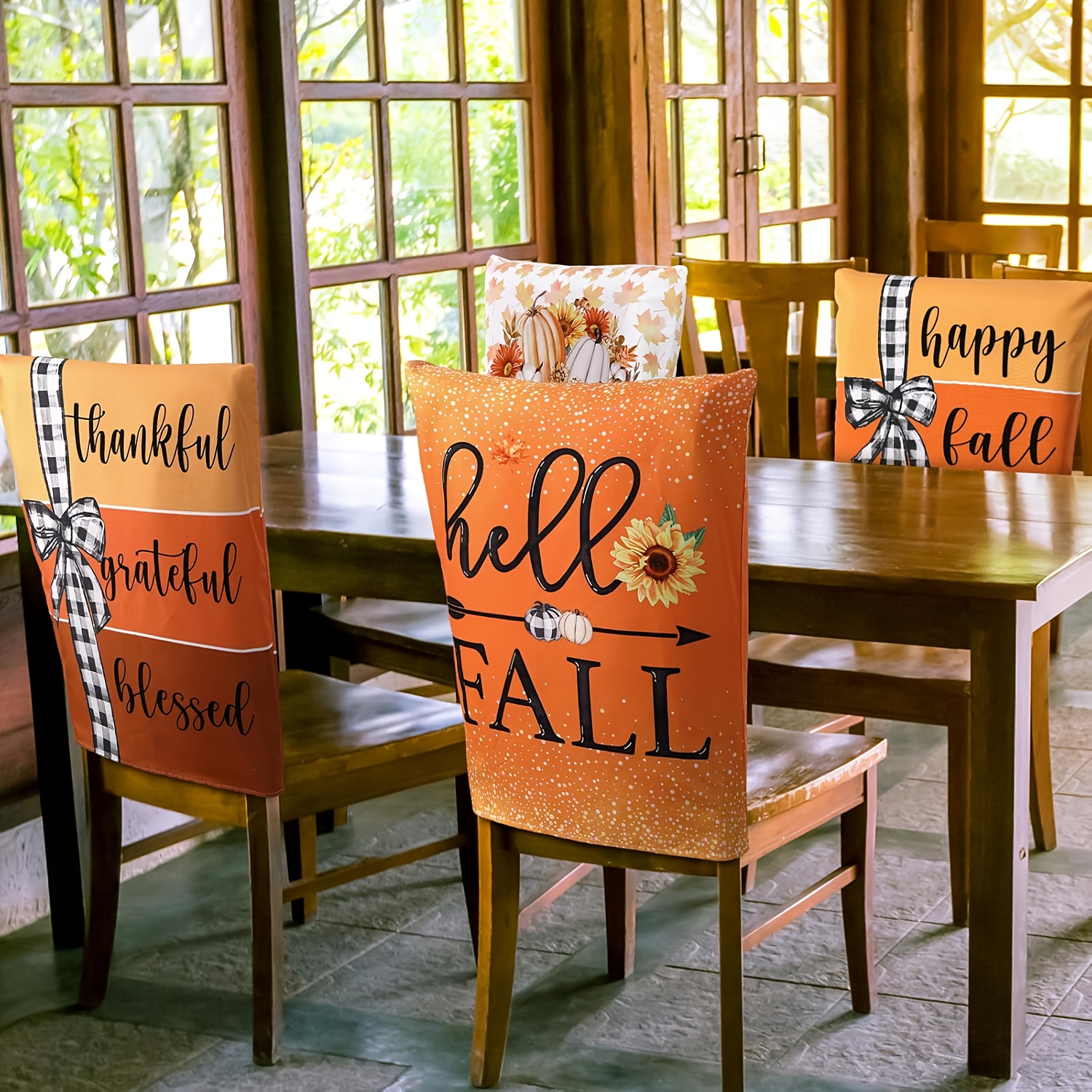 6pcs Set DOKRIY Fall Chair Covers - Elegant Farmhouse Dining Chair Slipcovers with Buffalo Plaid & Sunflower Patterns in Orange, Brown, White, Black - Heavy-Duty Linen Fabric for Thanksgiving, Weddings, Kitchen, Seasonal Decor - Easy-Clean Chair Protectors (20x24 Inch) - Autumn Table Setting Essentials in Warm Orange Tones with Checkered & Solid Designs, Machine Washable or Hand Wash