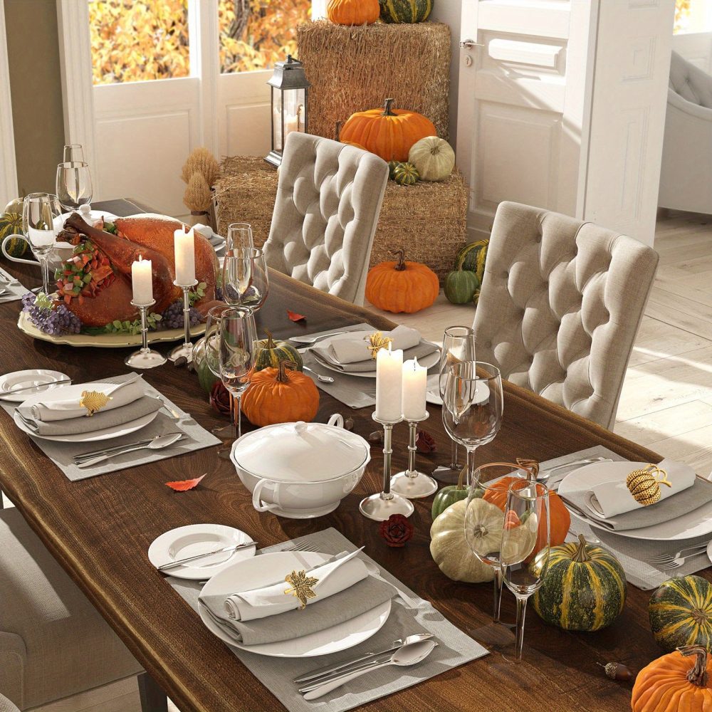 [Thanksgiving Napkin Rings] 12pcs Thanksgiving Napkin Rings Set | Pumpkin Themed, Fall Leaf Design, Alloy Holders for Halloween, Home Party, Table Decor, Wedding Supplies (Classic, Golden) - Image 5