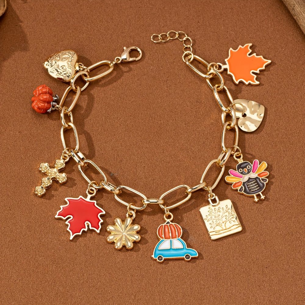 Charming Thanksgiving Bracelet with Heart, Maple Leaf & Turkey Charms - Elegant Zinc Alloy Jewelry for Women, Perfect Gift for Fall Celebrations, Elegant Style, Cute Style