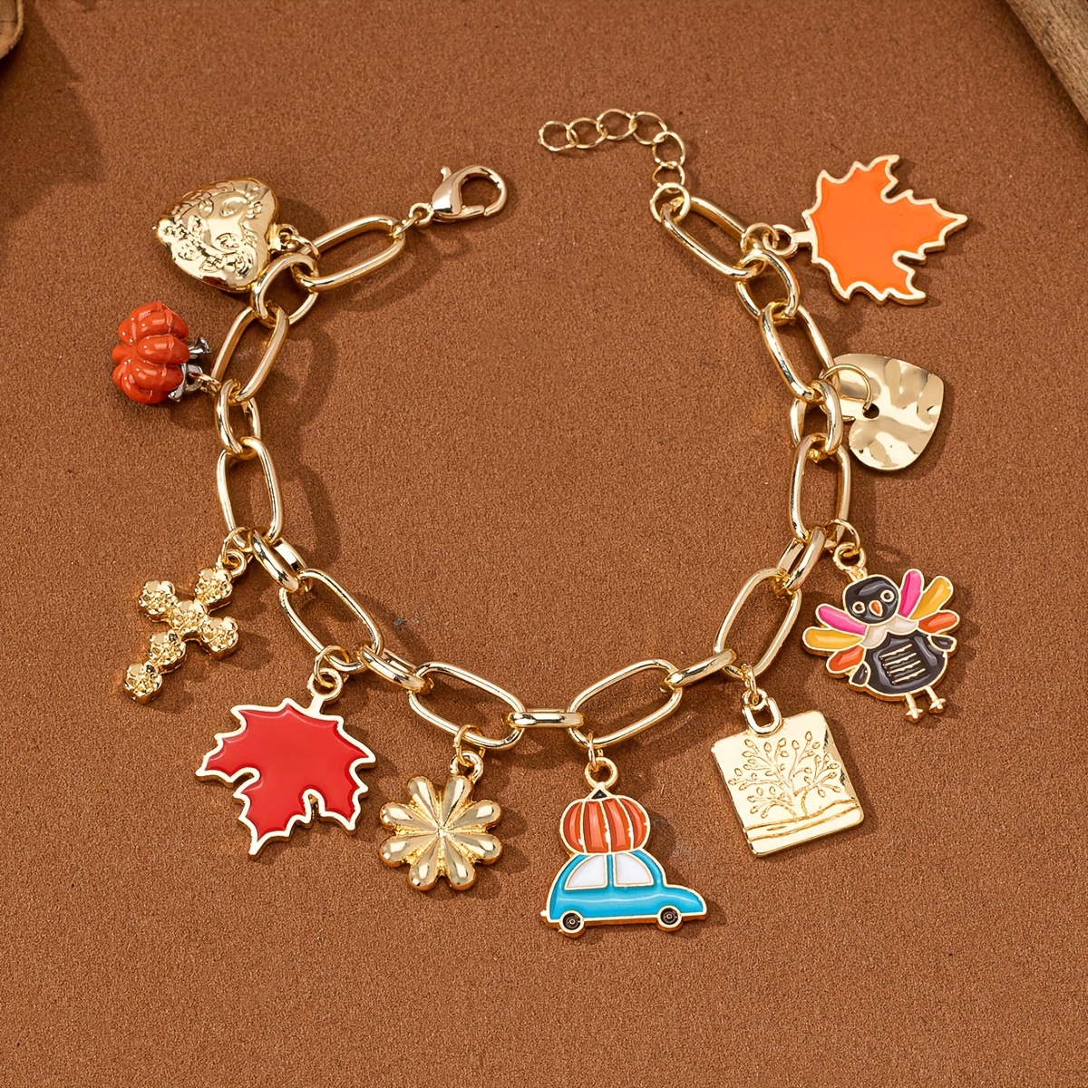 Charming Thanksgiving Bracelet with Heart, Maple Leaf & Turkey Charms - Elegant Zinc Alloy Jewelry for Women, Perfect Gift for Fall Celebrations, Elegant Style, Cute Style