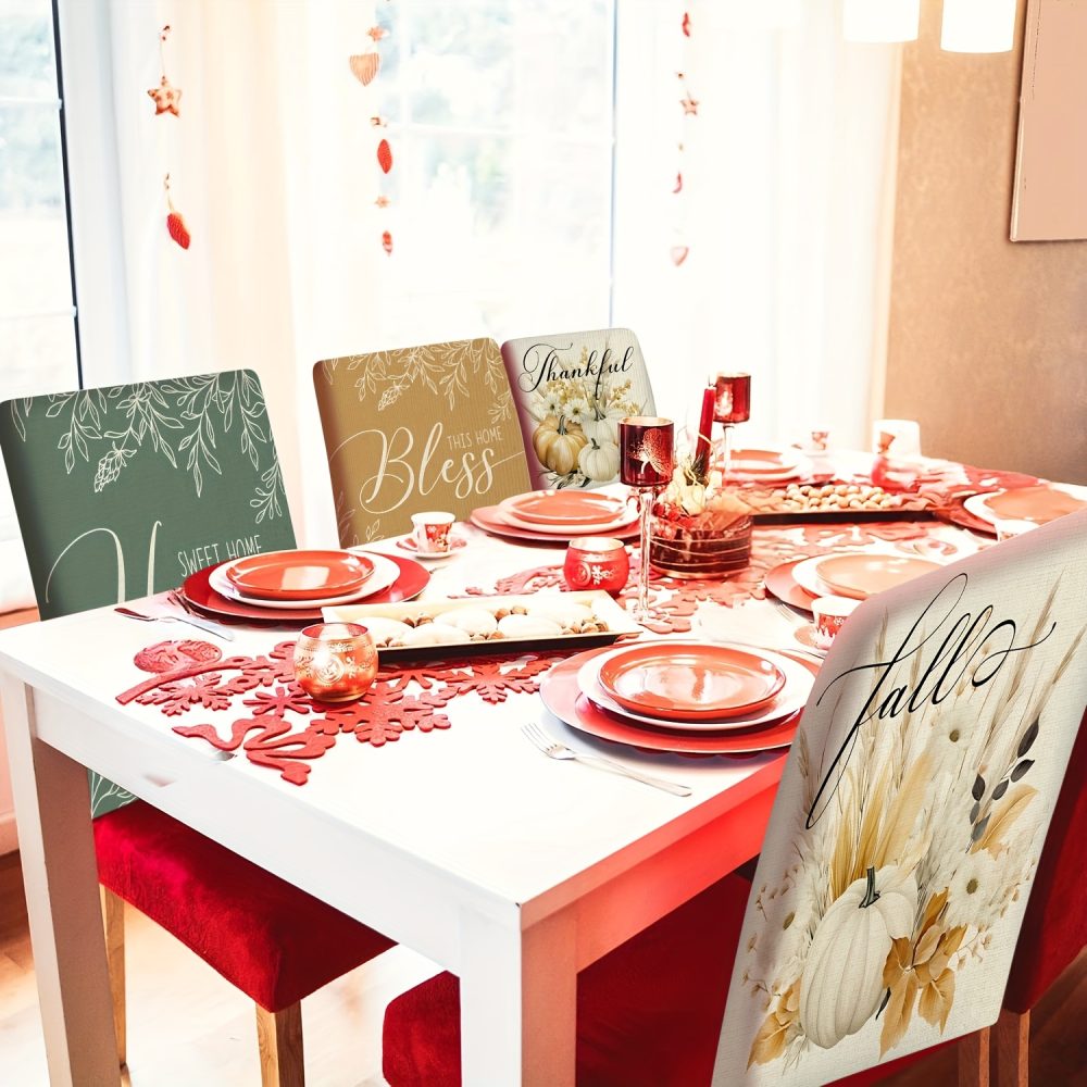4pcs Fall Chair Covers - Watercolor Wheat Ears & Pumpkin Design, Machine Washable Linen, Contemporary Style for Home & Bedroom Decor, Autumn-Themed Holiday Chair Covers with "Thanksgiving" & "Fall" Text, Chair Covers for Living Room, Chair Cover For Dining Chair, Stretch Chair Cover, Office Chair Cover - Image 6