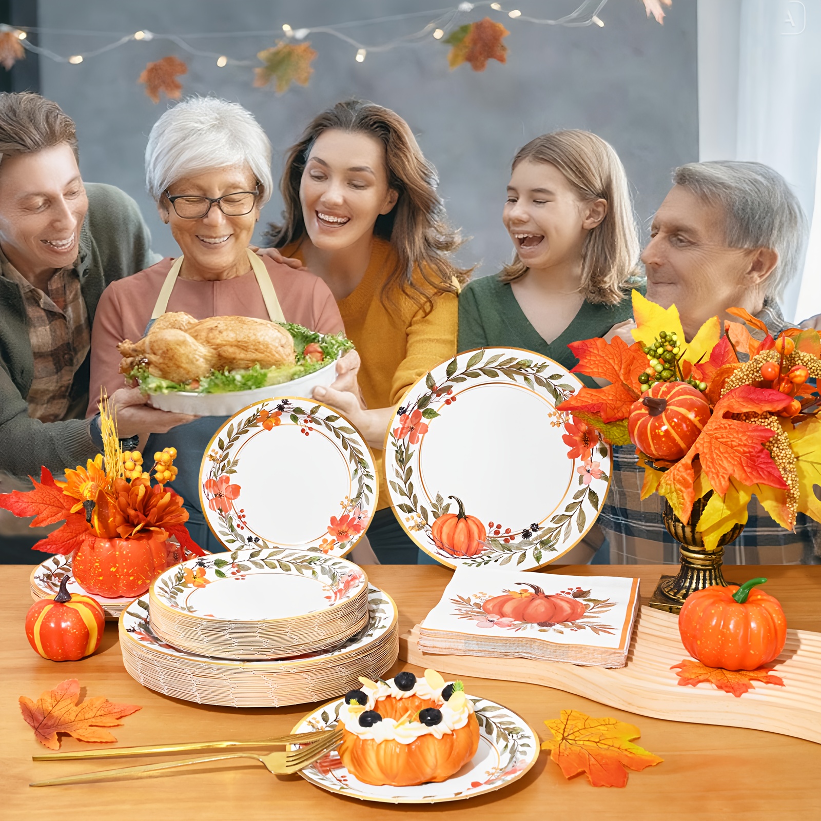 60/180/300pcs Elegant Watercolor Pumpkin Wreath Fall Tableware Set - Autumn Harvest Plates & Napkins in Orange, Brown, Green, Pink, Beige - Bulk Disposable Dinnerware for Thanksgiving, Halloween, Christmas, Weddings, Birthdays, Minimalist Party Decorations (7in & 9in Plates) - Easy Cleanup, Versatile for Casual & Formal Events - Image 11