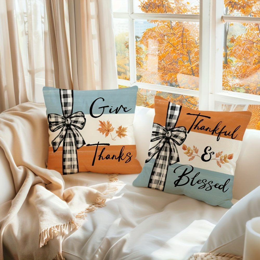 Set Of 4, Farmhouse Style Pumpkin Maple Leaf Throw Pillow Covers, Buffalo Plaid Thankful Blessed Sweet Home Patio Cushion Covers, Autumn Harvest Thanksgiving Day Home Patio Decor Pillowcases, for Indoor Outdoor Living Room Patio Yard Couch Sofa, No Pillow Inserts - Image 4
