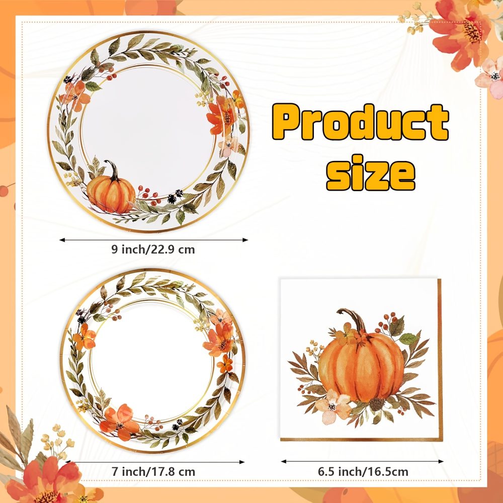 60/180/300pcs Elegant Watercolor Pumpkin Wreath Fall Tableware Set - Autumn Harvest Plates & Napkins in Orange, Brown, Green, Pink, Beige - Bulk Disposable Dinnerware for Thanksgiving, Halloween, Christmas, Weddings, Birthdays, Minimalist Party Decorations (7in & 9in Plates) - Easy Cleanup, Versatile for Casual & Formal Events - Image 2