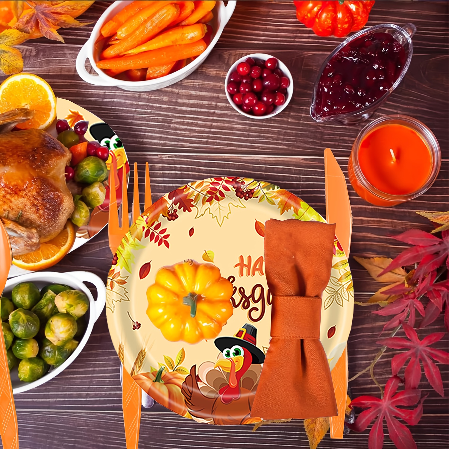192pcs Thanksgiving Party Plates And Napkins Autumn Harvest Tableware Set Thanksgiving Disposable Plates Pumpkin Maple Leaves Paper Plates Napkins Forks Set for 24 Guests - Image 5