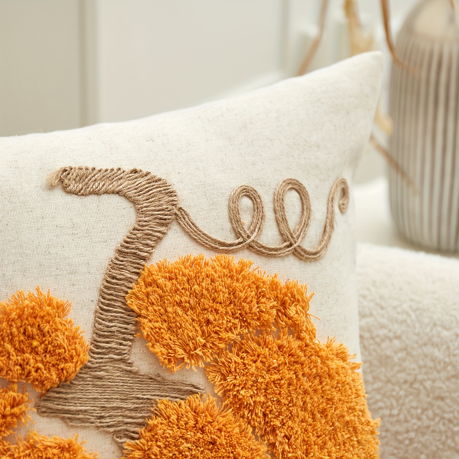 Traditional Pumpkin Embroidery Chenille Throw Pillow Cover, Thanksgiving Decorative Cushion Case with Zipper, Spot-Clean Only, Woven Polyester & Linen Blend, Fits Various Room Types - 1pc - Image 10