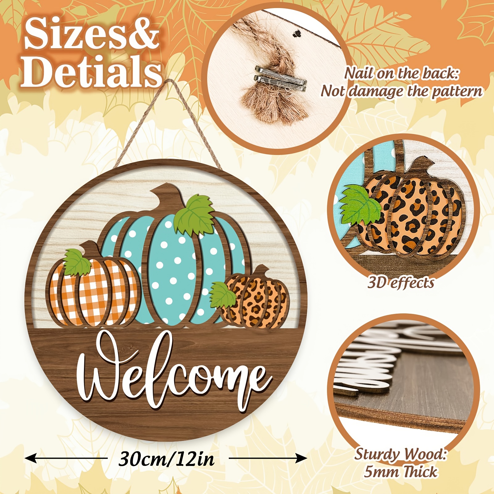 Fall Welcome Sign - Pumpkin & Maple Leaf Door Hanging Decor with Welcome Message - Farmhouse Thanksgiving Decoration - Artificial Wood Indoor/Outdoor Decoration - No Electricity Needed - Housewarming Gift for Front Door, Porch, Home - Autumn Harvest Decorations, Seasonal Home Accents, Rustic Charm, Handcrafted Look, Holiday Ornament, Holiday Shoppers, Fall Florals - Image 2