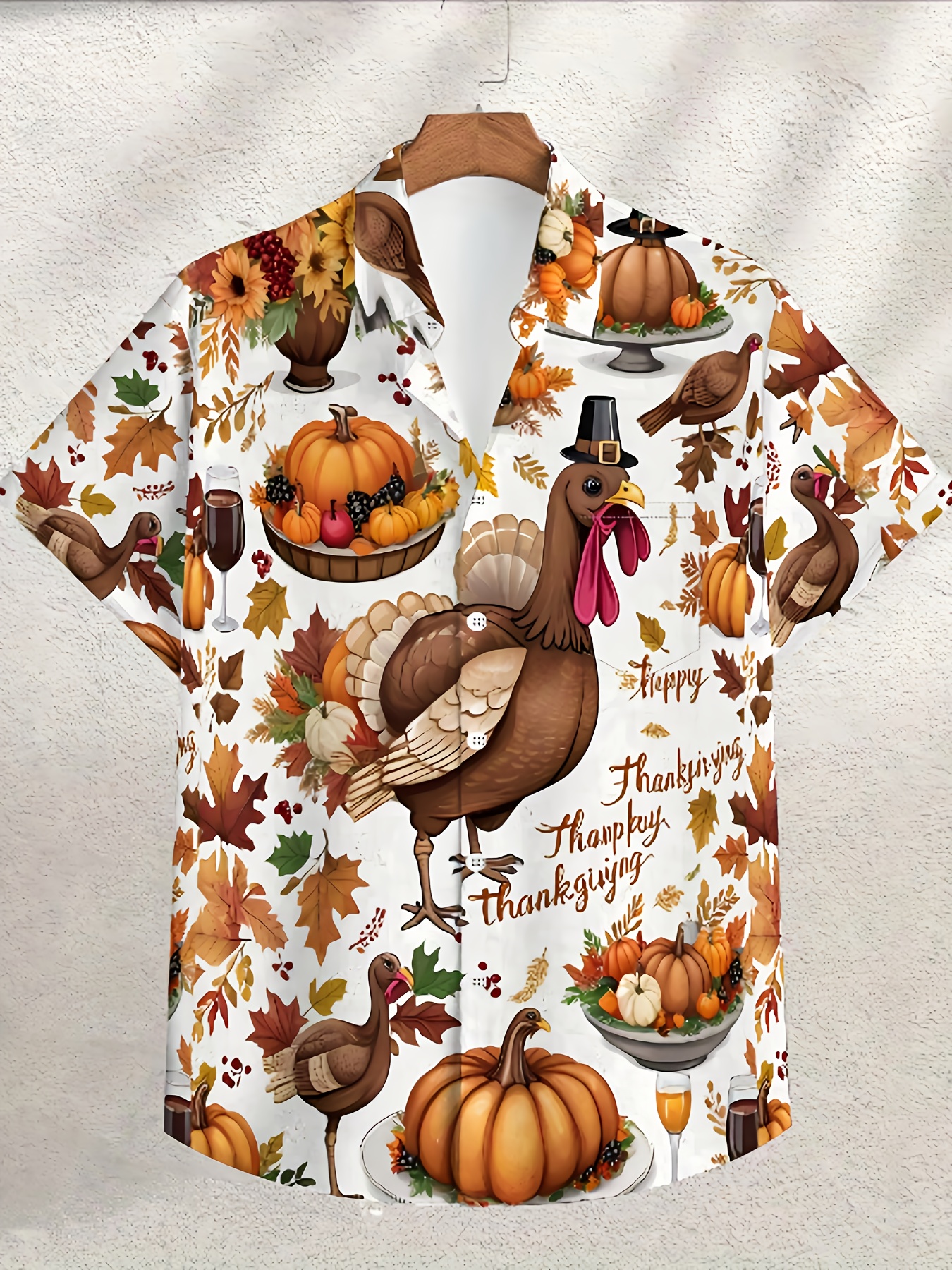 Men's Plus Size Turkey Pumpkin Maple Leaf Thanksgiving Print Short Sleeve Shirt, Vintage and Festive, Holiday Celebration Apparel, Casual Casual Attire, Suitable for Thanksgiving Theme Party Outfits, Machine Washable and Giftable, PLUS SIZE, Festive - Image 6
