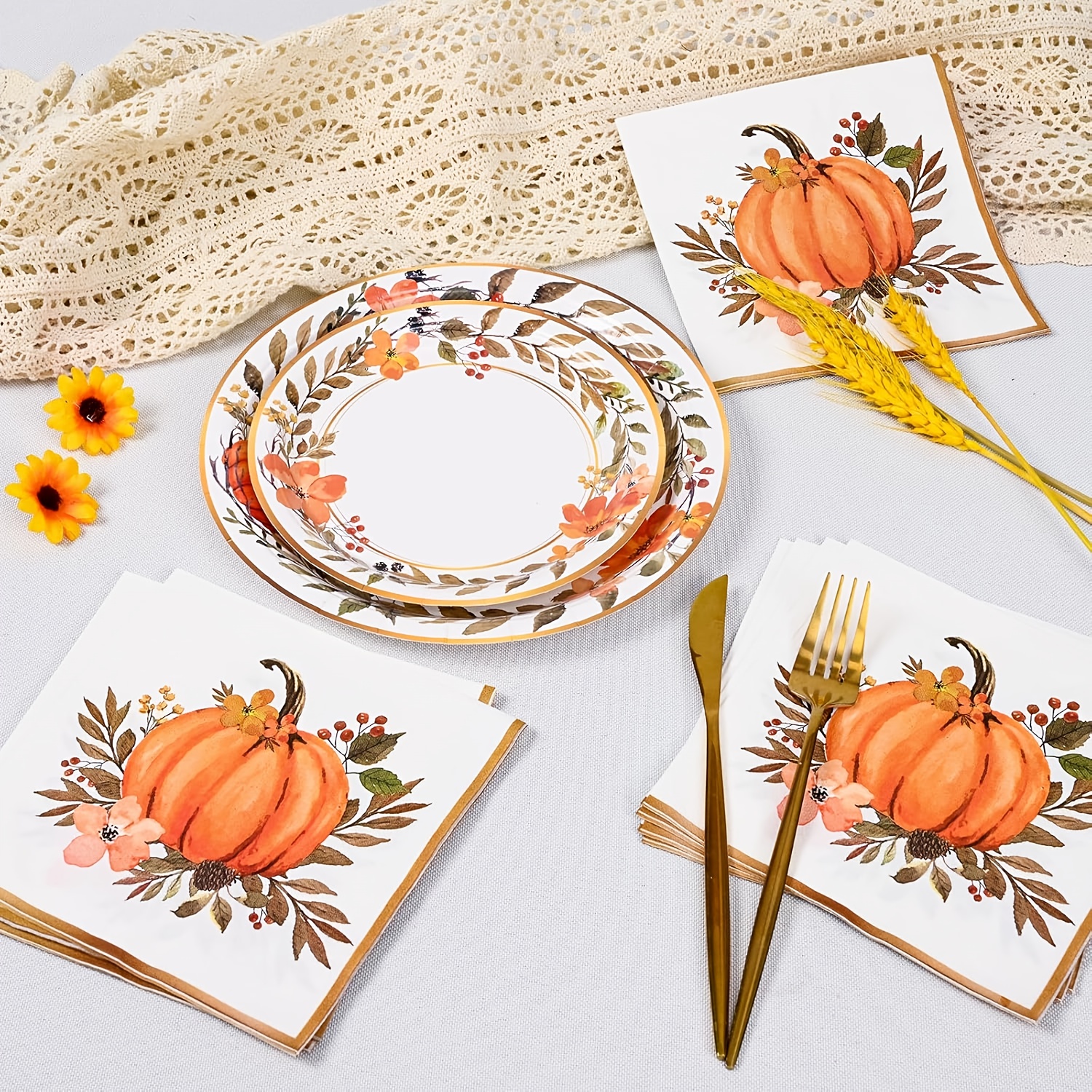 60/180/300pcs Elegant Watercolor Pumpkin Wreath Fall Tableware Set - Autumn Harvest Plates & Napkins in Orange, Brown, Green, Pink, Beige - Bulk Disposable Dinnerware for Thanksgiving, Halloween, Christmas, Weddings, Birthdays, Minimalist Party Decorations (7in & 9in Plates) - Easy Cleanup, Versatile for Casual & Formal Events - Image 5