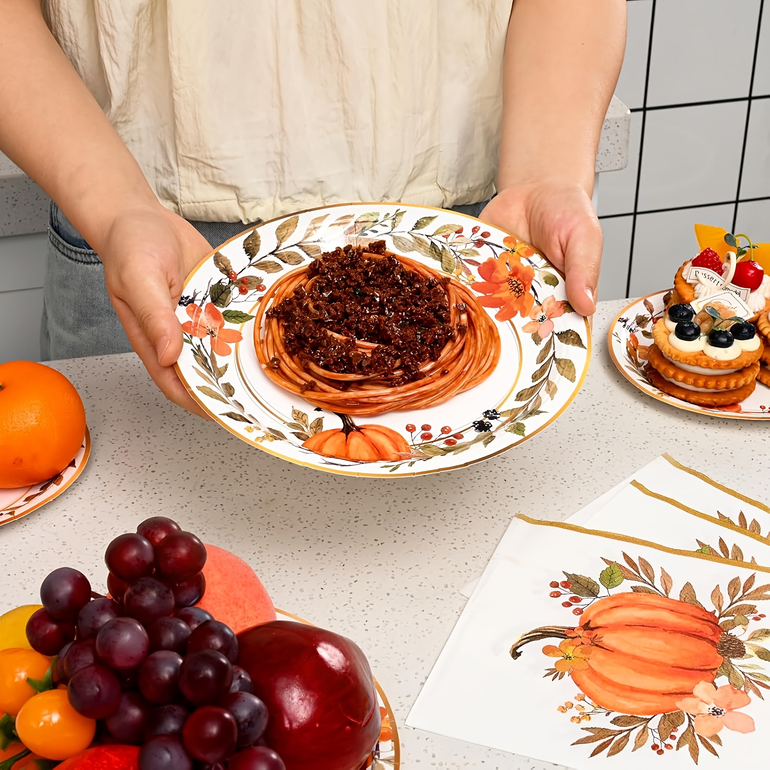 60/180/300pcs Elegant Watercolor Pumpkin Wreath Fall Tableware Set - Autumn Harvest Plates & Napkins in Orange, Brown, Green, Pink, Beige - Bulk Disposable Dinnerware for Thanksgiving, Halloween, Christmas, Weddings, Birthdays, Minimalist Party Decorations (7in & 9in Plates) - Easy Cleanup, Versatile for Casual & Formal Events - Image 9