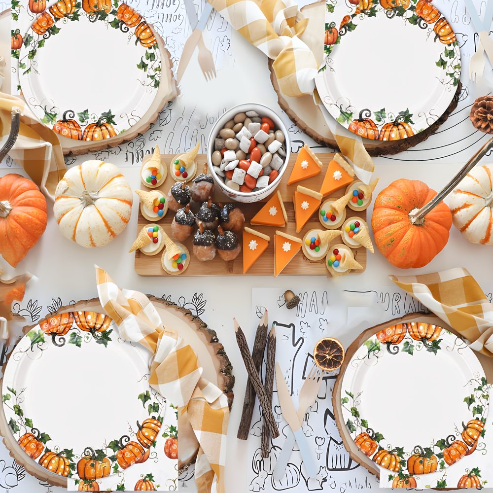 Fall Pumpkin Thanksgiving Autumn Harvest Party Disposable Tableware(60/180/300pcs), Christmas, For Wedding Birthday Celebration, Holiday Party Cartoon Vintage Decoration Set (7in Dessert Plates+9in Dinner Plates+napkins). - Image 11