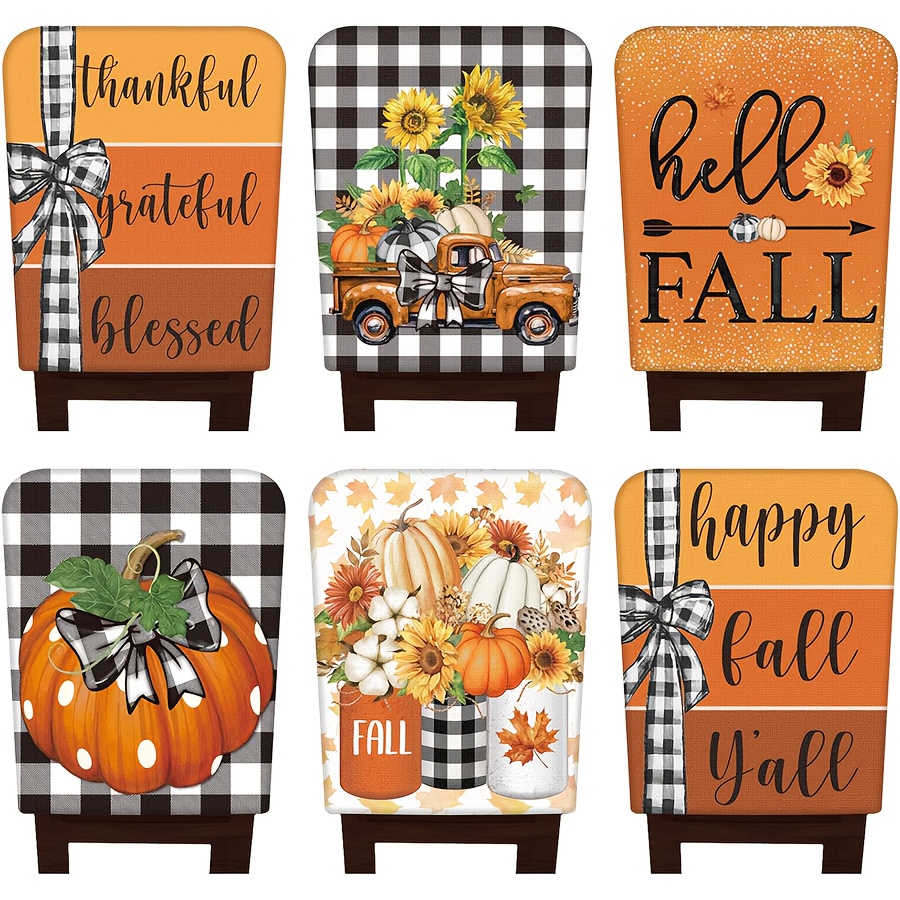 6pcs Set DOKRIY Fall Chair Covers - Elegant Farmhouse Dining Chair Slipcovers with Buffalo Plaid & Sunflower Patterns in Orange, Brown, White, Black - Heavy-Duty Linen Fabric for Thanksgiving, Weddings, Kitchen, Seasonal Decor - Easy-Clean Chair Protectors (20x24 Inch) - Autumn Table Setting Essentials in Warm Orange Tones with Checkered & Solid Designs, Machine Washable or Hand Wash - Image 2
