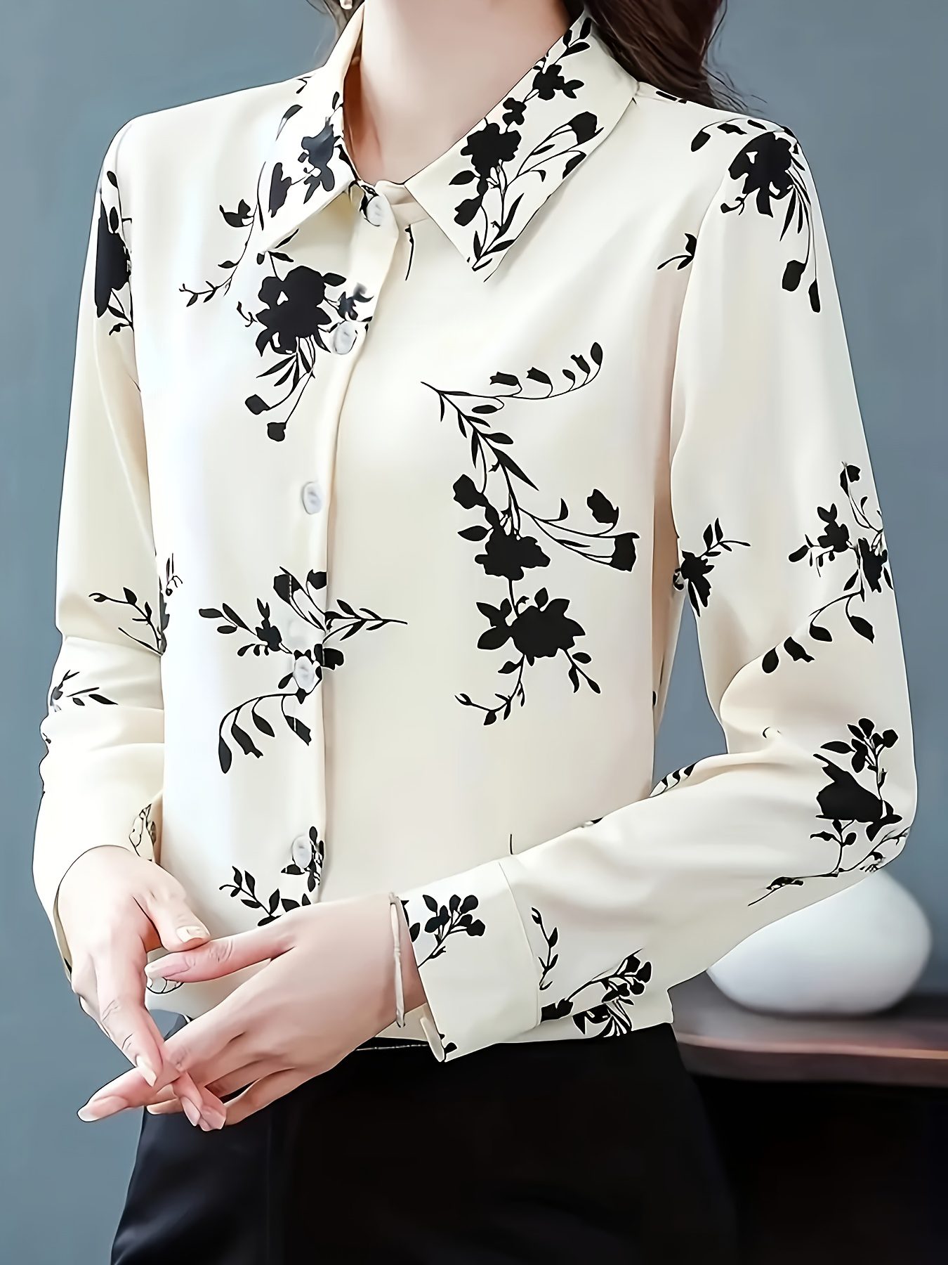 Women's Floral Print Collar Blouse - & Black Elegant Shirt, Machine Washable Non-Stretch Top for Spring Summer Fall, Versatile Casual to Formal Wear, Floral Print Blouse, Sophisticated Casual Wear, Detailed Button Placket, Fall Wardrobe, Breathable Material, Print Shirt, Office Wear - Image 4