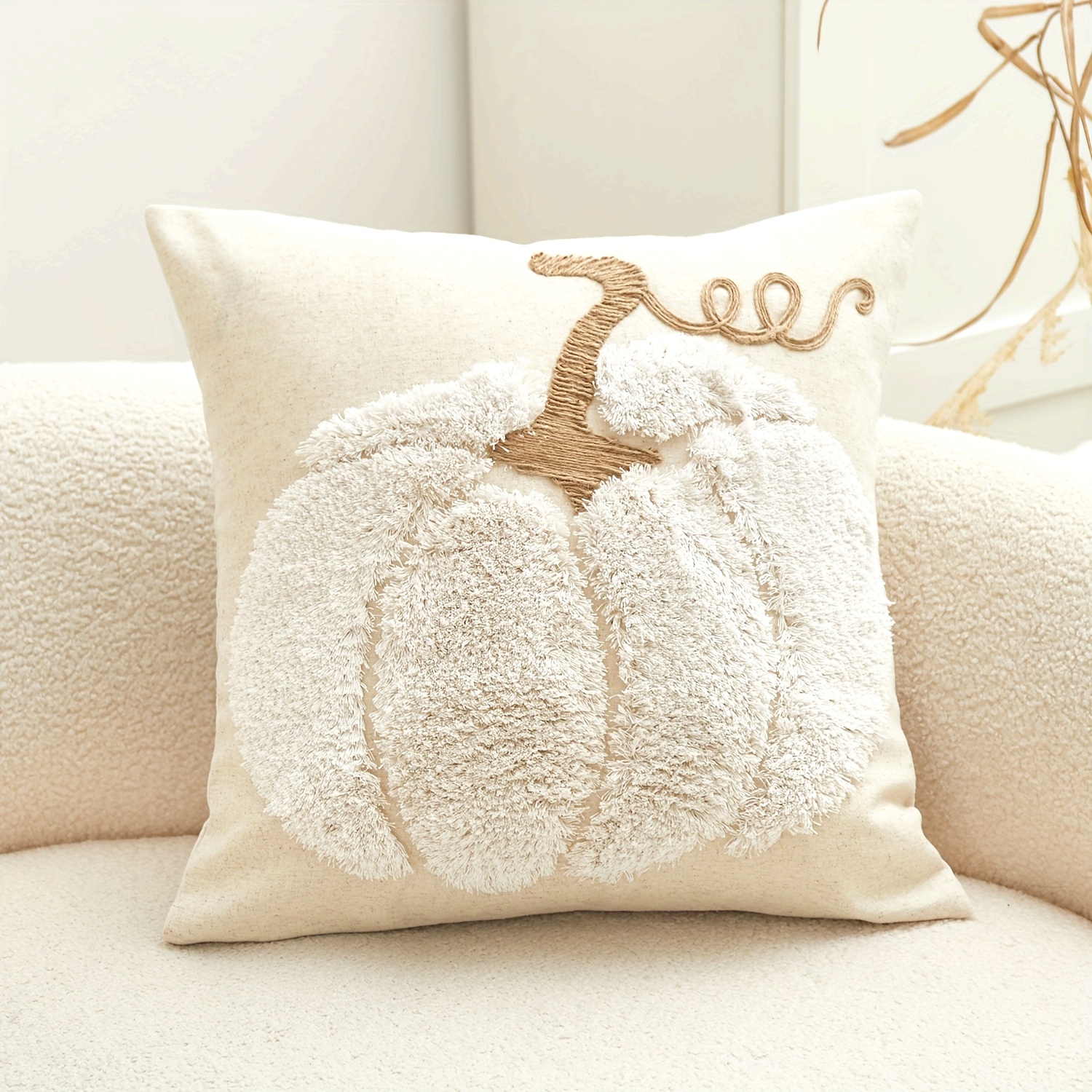 Traditional Pumpkin Embroidery Chenille Throw Pillow Cover, Thanksgiving Decorative Cushion Case with Zipper, Spot-Clean Only, Woven Polyester & Linen Blend, Fits Various Room Types - 1pc