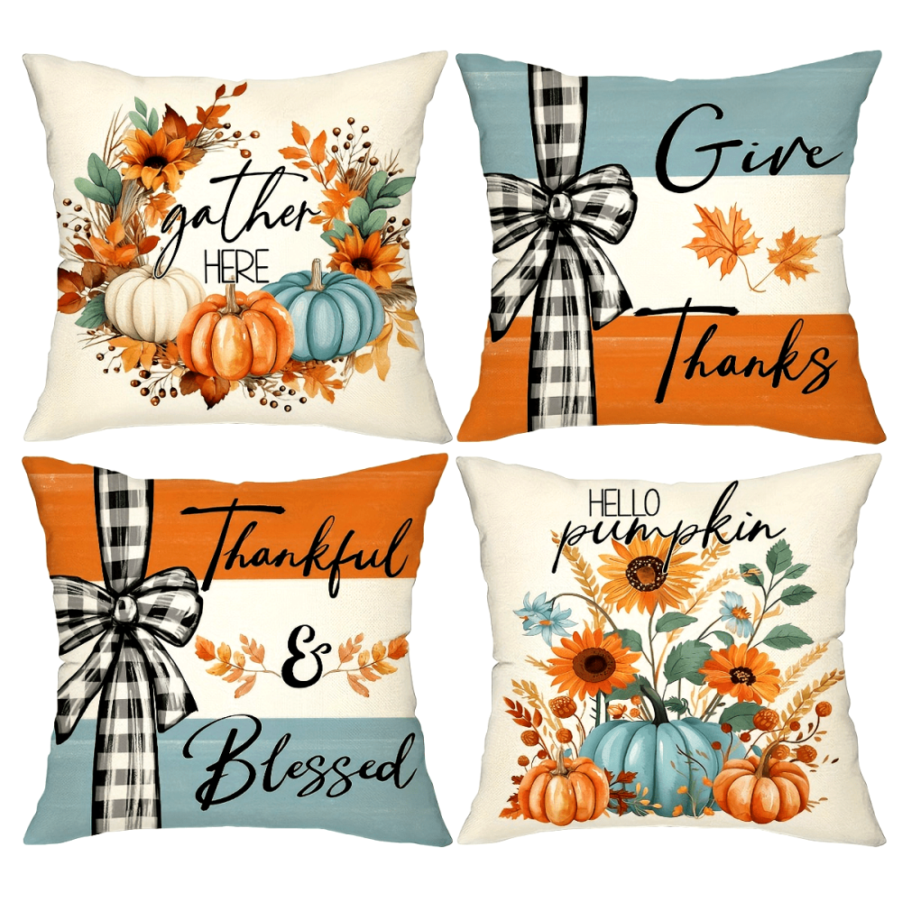 Set Of 4, Farmhouse Style Pumpkin Maple Leaf Throw Pillow Covers, Buffalo Plaid Thankful Blessed Sweet Home Patio Cushion Covers, Autumn Harvest Thanksgiving Day Home Patio Decor Pillowcases, for Indoor Outdoor Living Room Patio Yard Couch Sofa, No Pillow Inserts