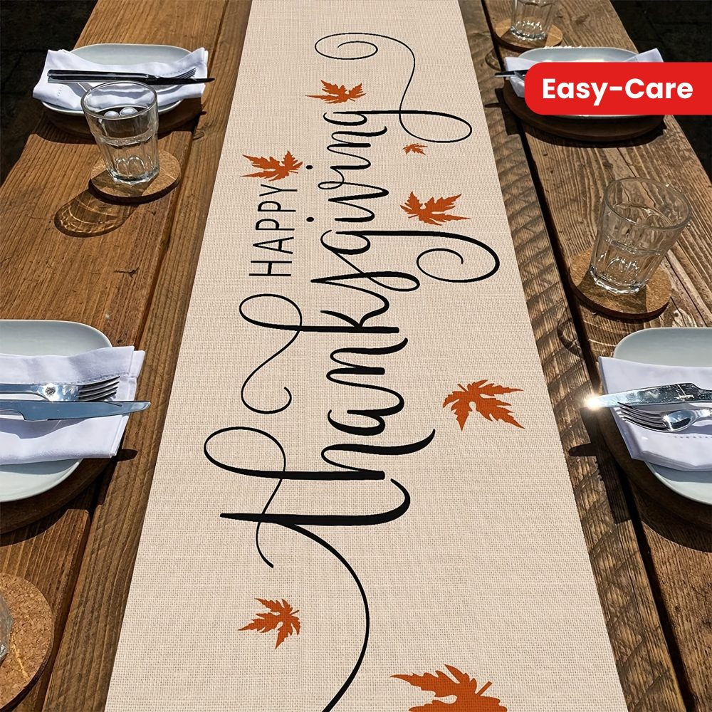 1pc Thanksgiving Linen-Textured Polyester Table Runner with Autumn Maple Leaf Design - Rustic Farmhouse Seasonal Decor for Thanksgiving, Halloween, Mother’s Day, Father’s Day, Independence Day - Durable & Easy-Care Holiday Tablecloth, Thanksgiving Decorations