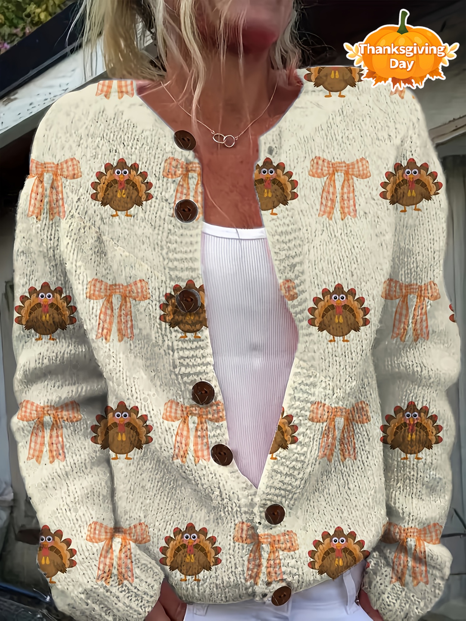 Women's Soft Cardigan Sweater - Long Sleeve Button Front Closure, Loose Fit H-Line Silhouette with 3D Turkey & Checkered Bow Print - Beige//Orange/Brown Fall Thanksgiving Outfits - Machine Washable Sweater for Women, Cute Sweater, Winter Cardigan for Women High Quality, Cardigan with Design, Sweatshirts for Women, Women Sweaters